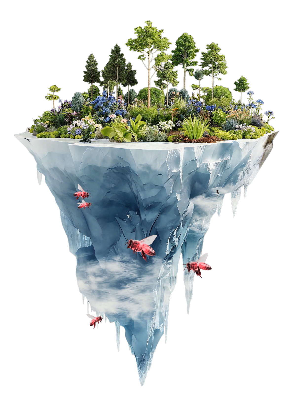 Illustration of a floating island with trees, flowers, and ice, representing the Spoko HUB community ecosystem
