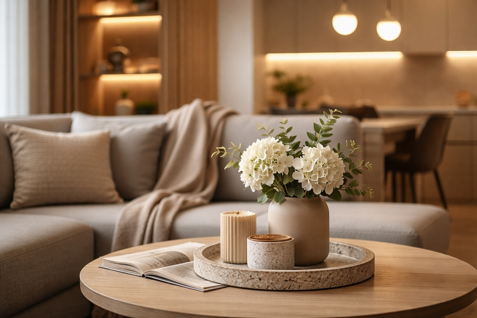 A cozy living room features a beige sofa with pillows and a blanket, a wooden coffee table with a vase of white flowers and candles, a magazine, and a background with warm lighting, shelves, and a dining area.