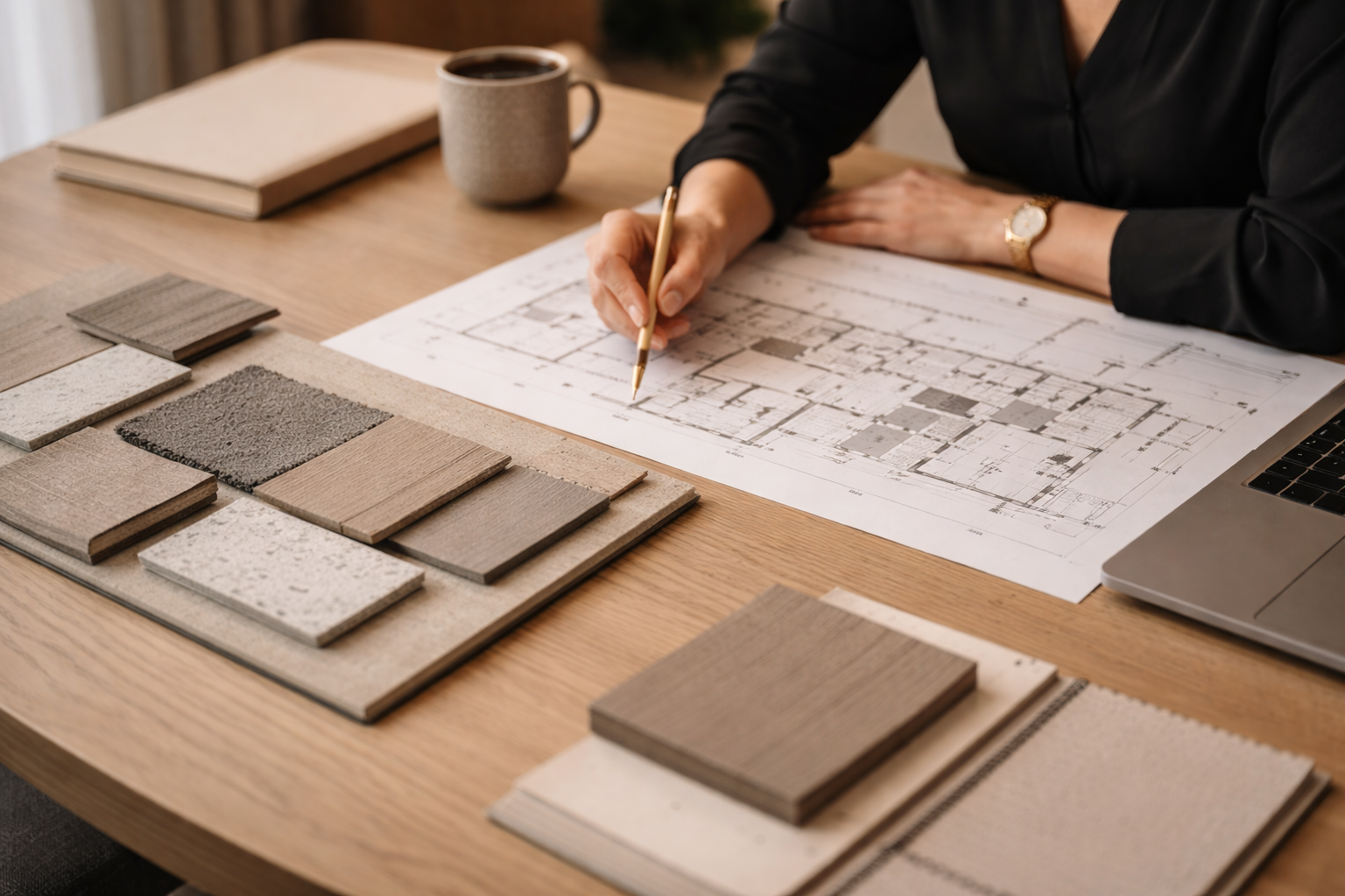 Person working on a building floor plan at a wooden desk with sample tiles, a coffee mug, and a laptop.