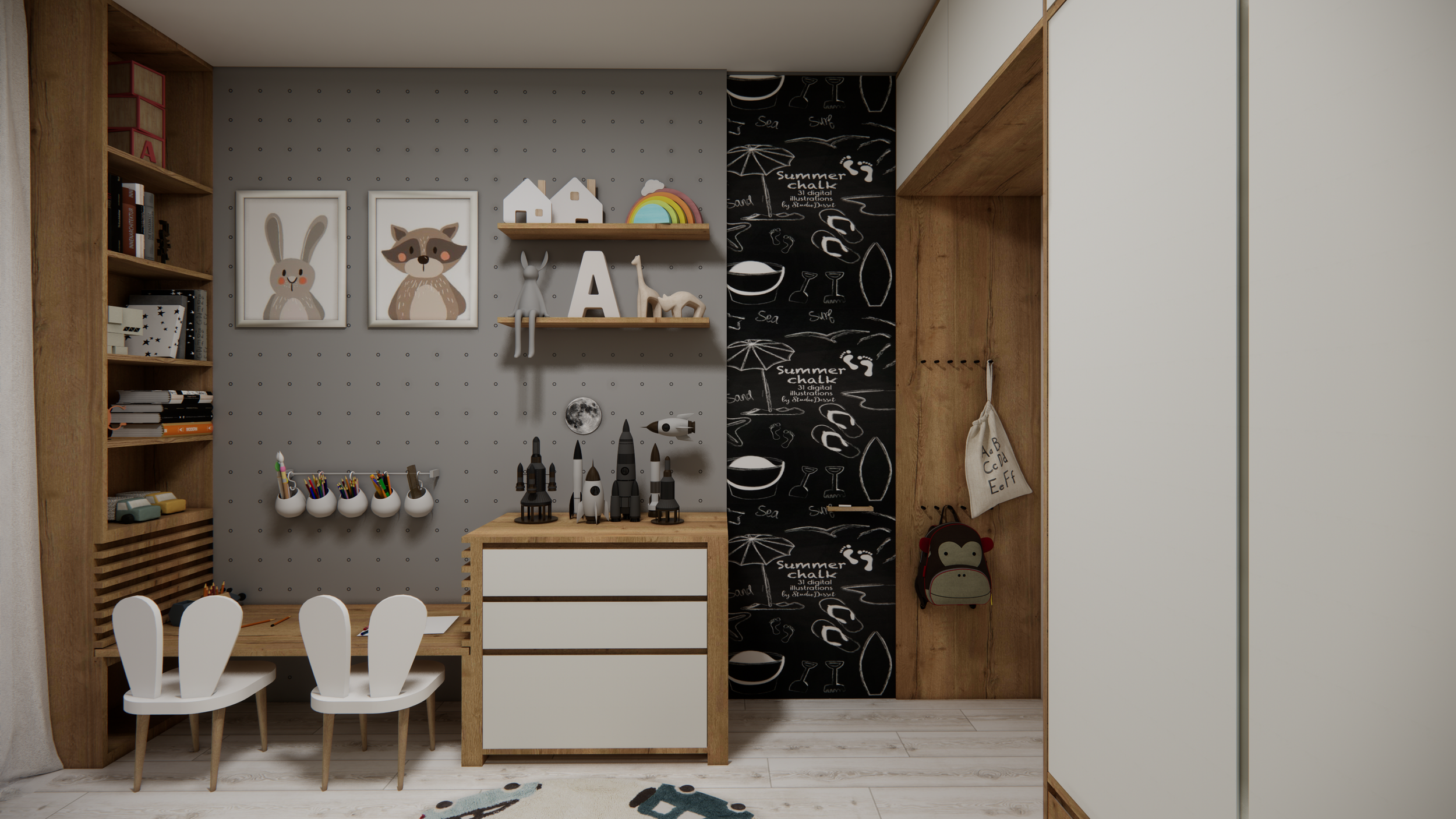 A child's playroom with white and wooden furniture, including a small table with three child-sized chairs, shelves with books and toys, framed animal pictures on the gray polka-dot wall, a wooden drawer with rocket models, a black chalkboard wall with summer-themed drawings, and a wooden closet with a backpack hanging from a hook.