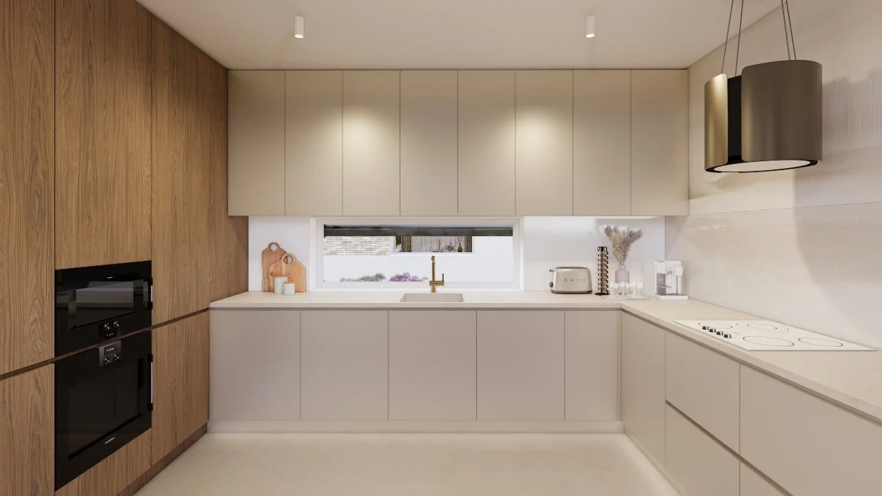 Minimalist kitchen with wooden and white cabinets, a small window above the sink, and modern appliances including a toaster and electric stove.