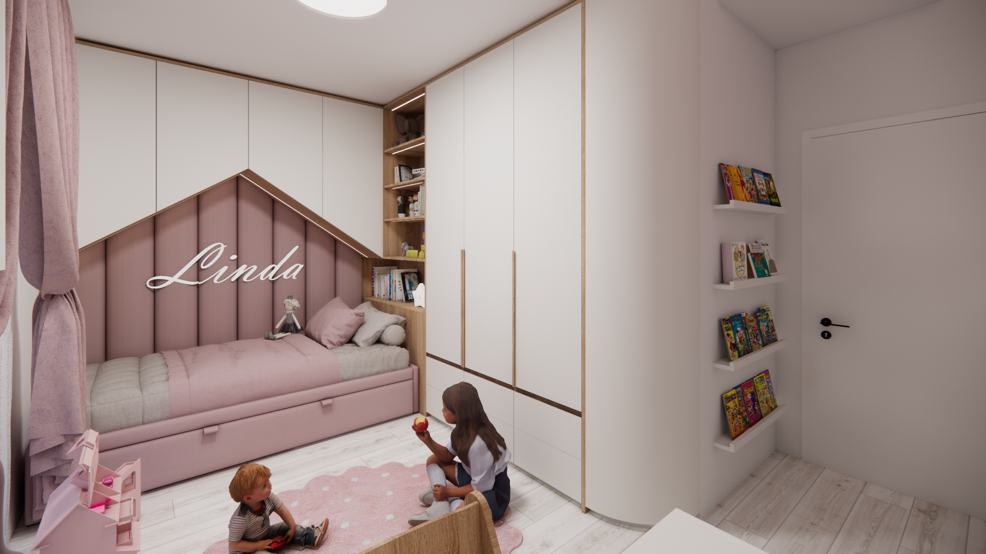 A cozy children's bedroom with pink and white decor. There is a pink bed with a padded headboard and the name 'Linda' on the wall. Two children are playing on a pink rug, one holding a toy apple and the other with a toy in hand. The room has white walls, built-in wardrobes, and small wall shelves filled with books.