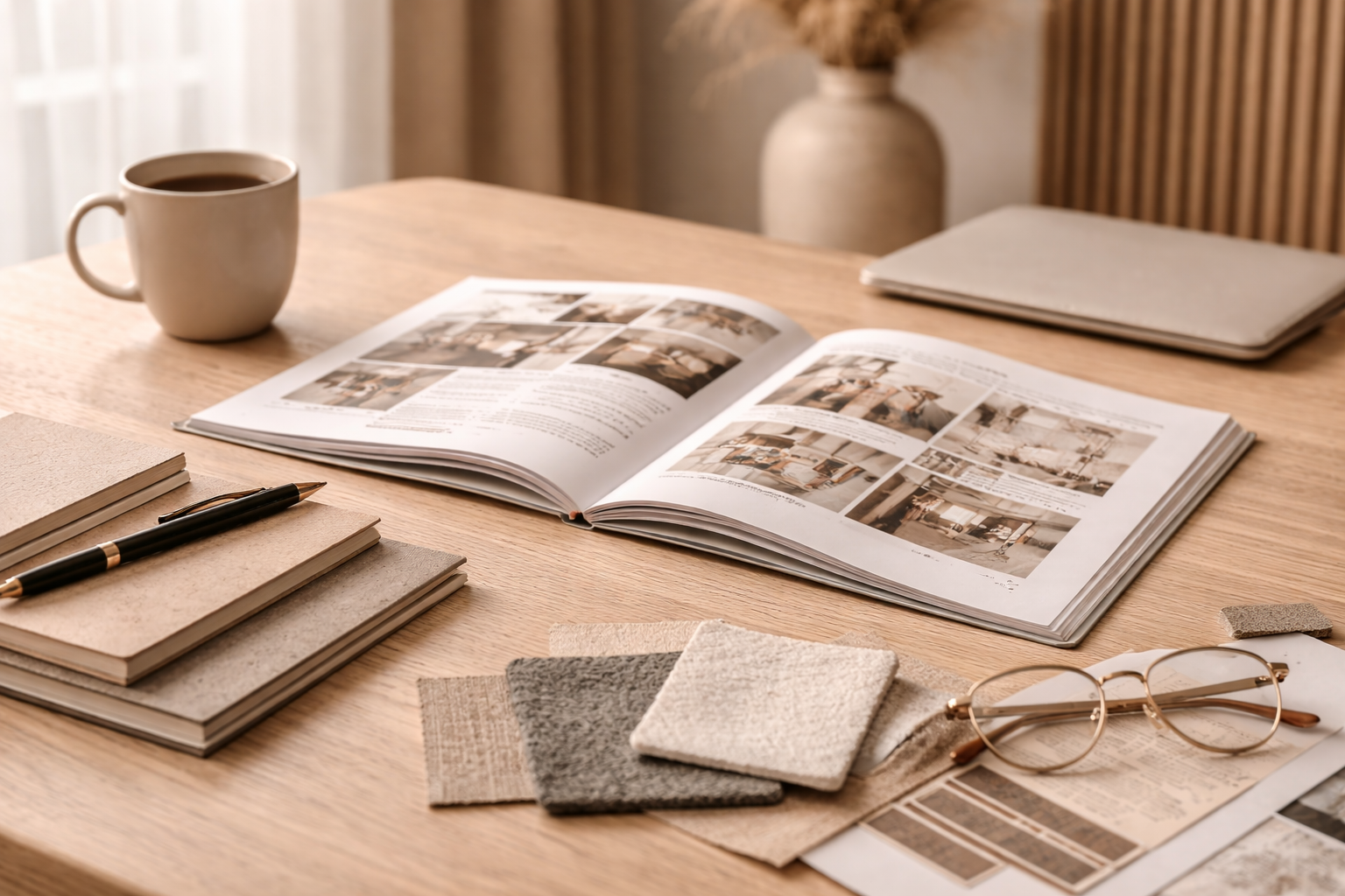 A wooden table with a cup of coffee, an open magazine, several fabric samples, a pen, a pair of glasses, a closed notebook, and additional papers.
