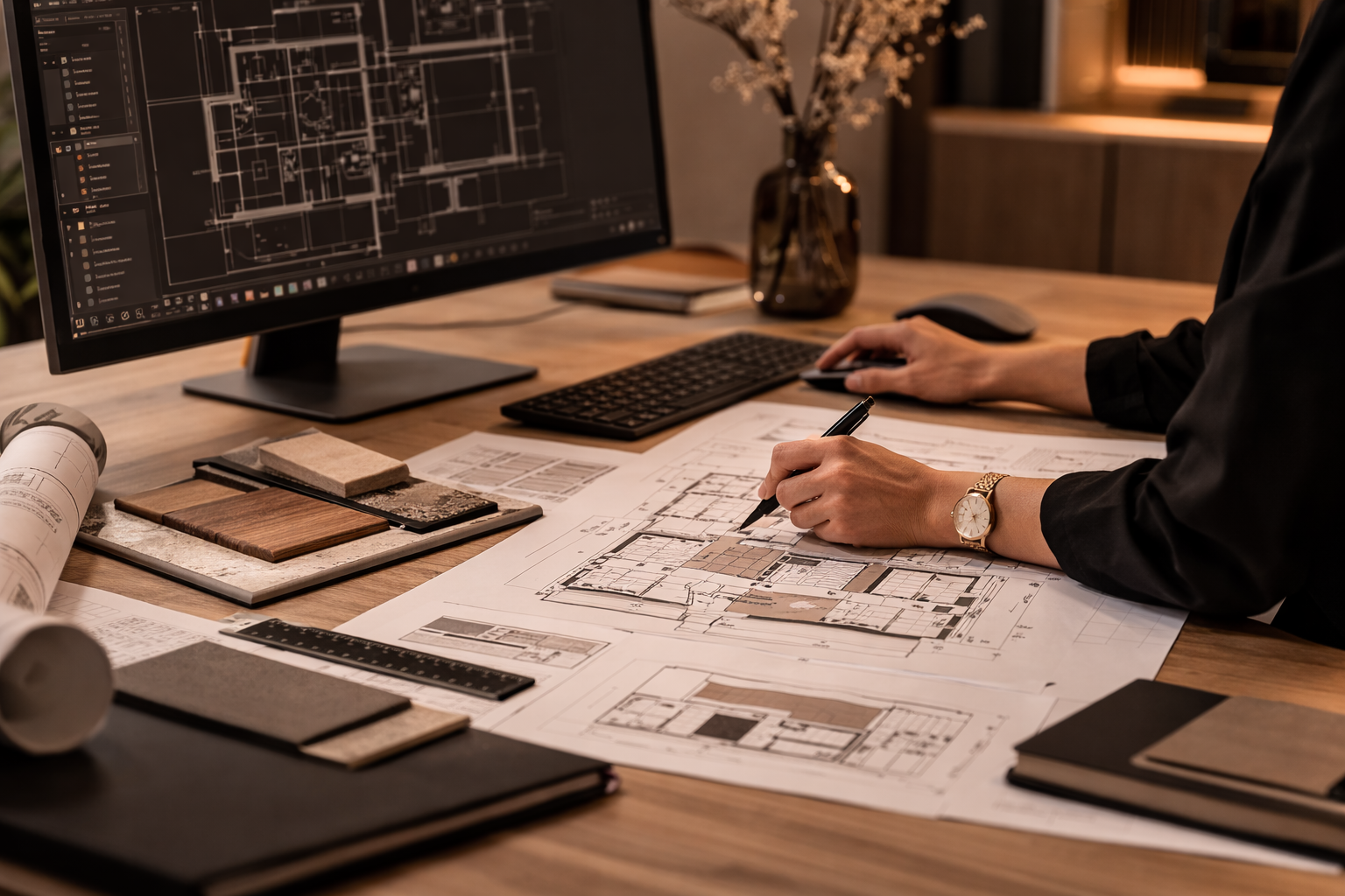 An architect working on building plans at a desk with architectural blueprints, samples, and a computer monitor displaying building designs.
