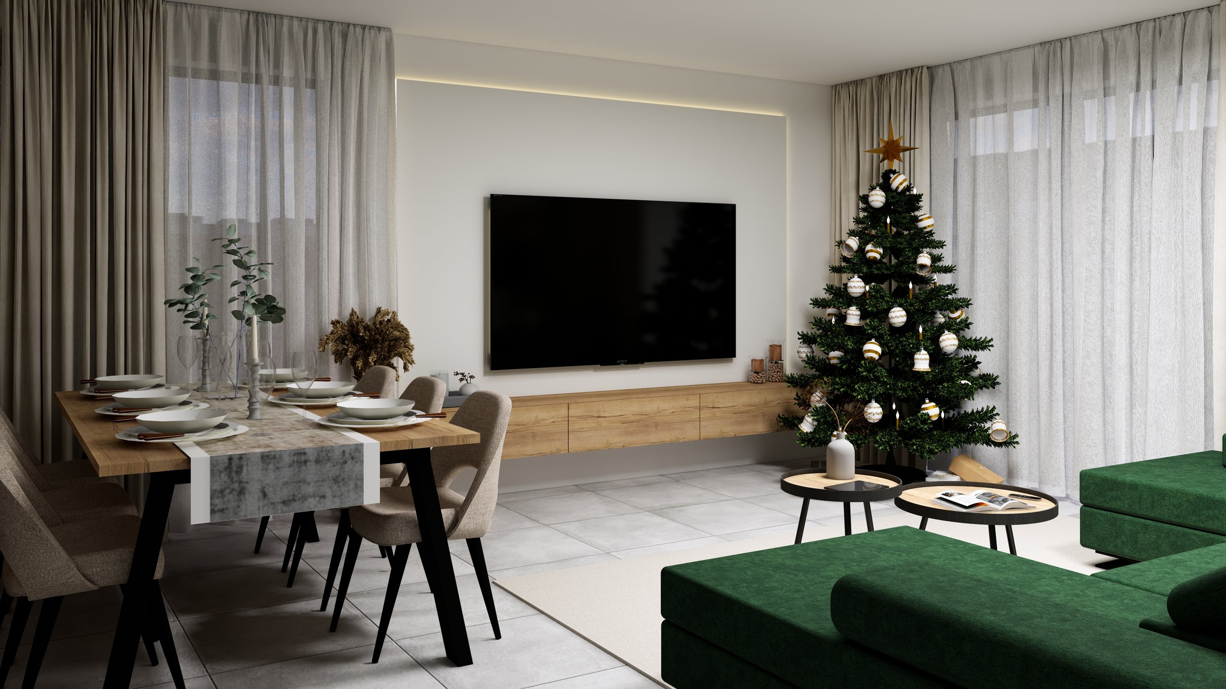 Living room decorated for Christmas with a Christmas tree, a large flat-screen TV on the wall, a wooden sideboard, a sitting area with green furniture, and a dining table with tableware.