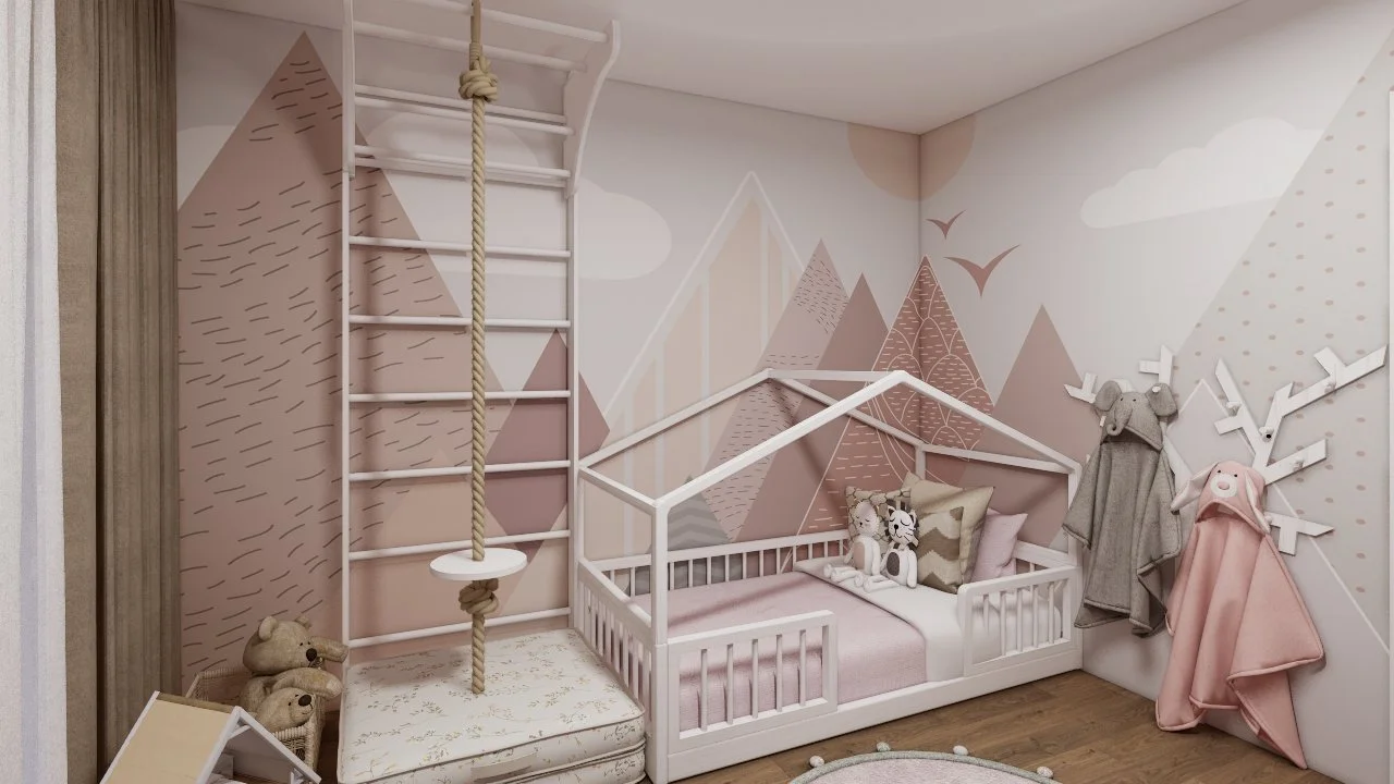 A children's bedroom with mountain-themed wall art, a house-shaped bed with plush toys, a climbing rope, teddy bears, and hooks with children's clothes.