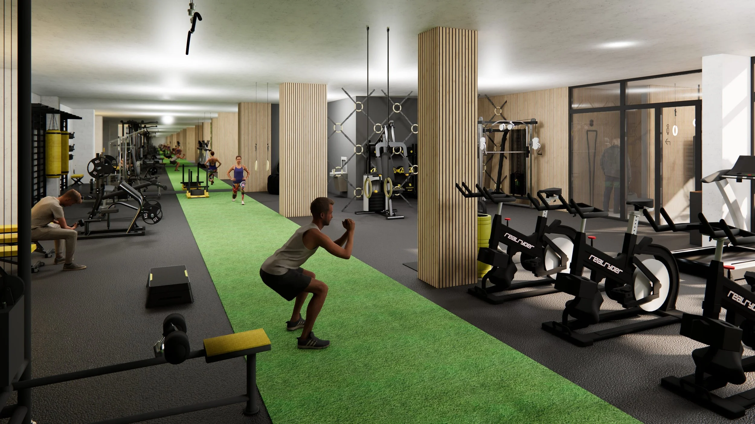 Interior view of a modern gym with people exercising on various equipment, including bikes, weights, and mats, with wooden accents and a glass wall on the right.