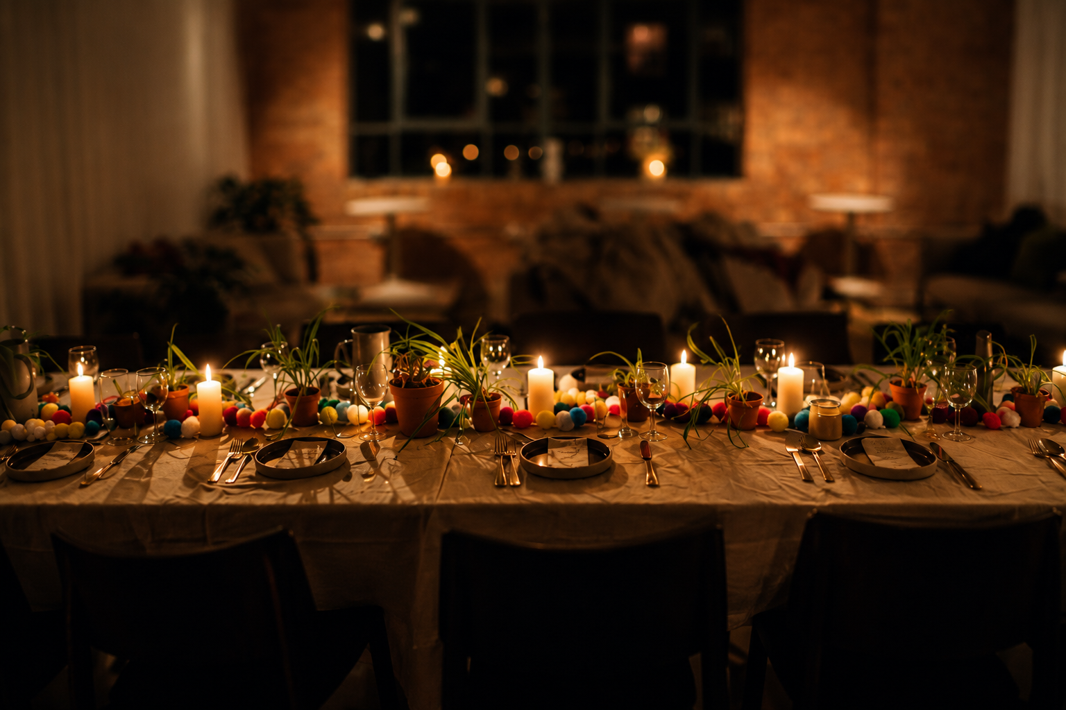 A warmly lit dining table decorated with candles, colorful pom-poms, and small potted plants in a cozy evening setting with a brick wall and large window in the background.