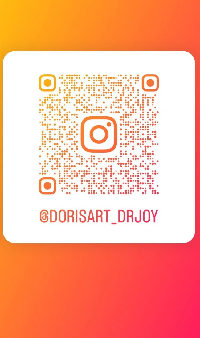 A QR code with Instagram logo, username '@DORISART_DRJOY' below, on a gradient orange-pink background.