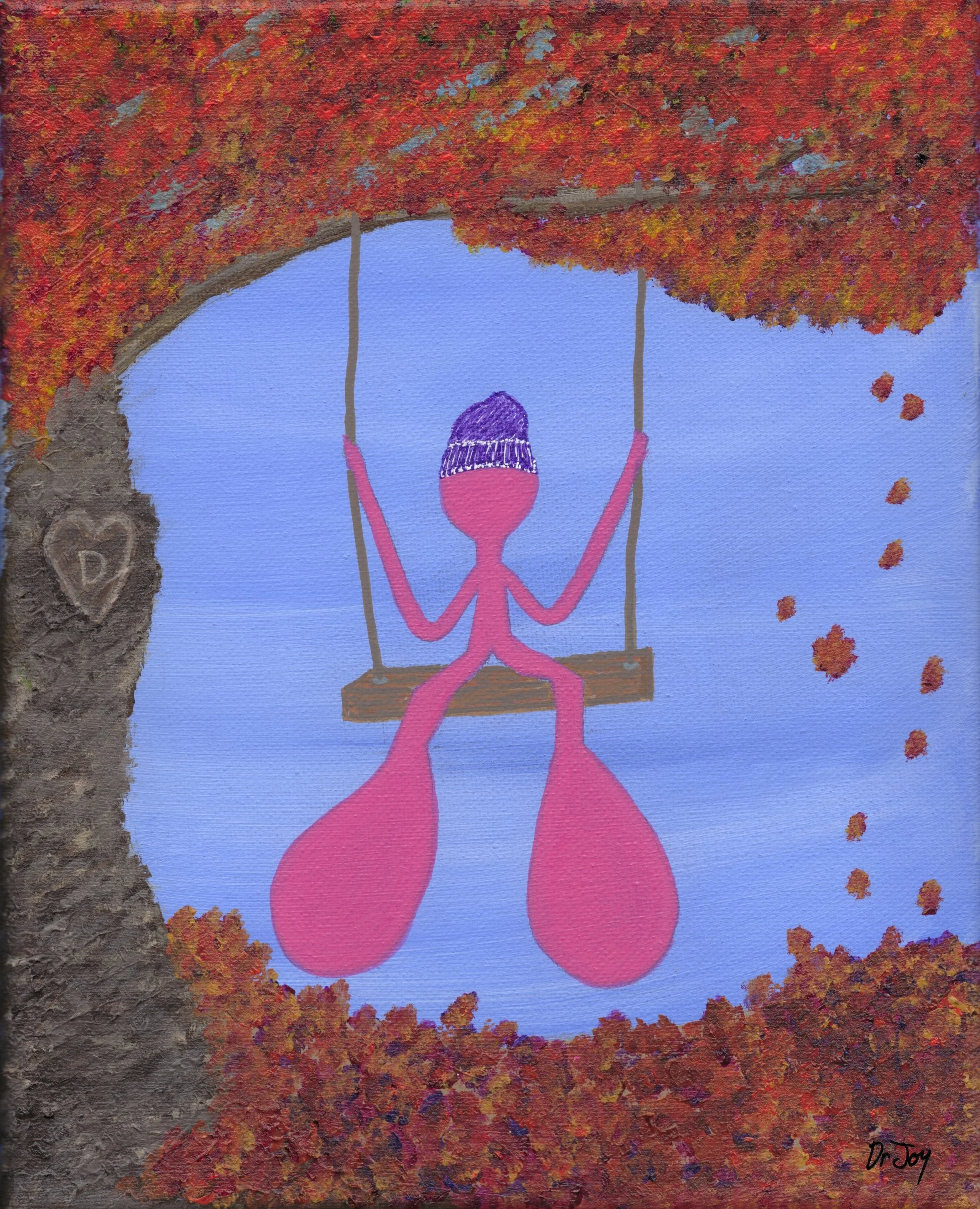 Doris Art shows Doris the Clitoris enjoying nature and the changing of the seasons. In this painting Doris is swinging on a tree swing and enjoying the beautiful fall leaves on a crisp fall day