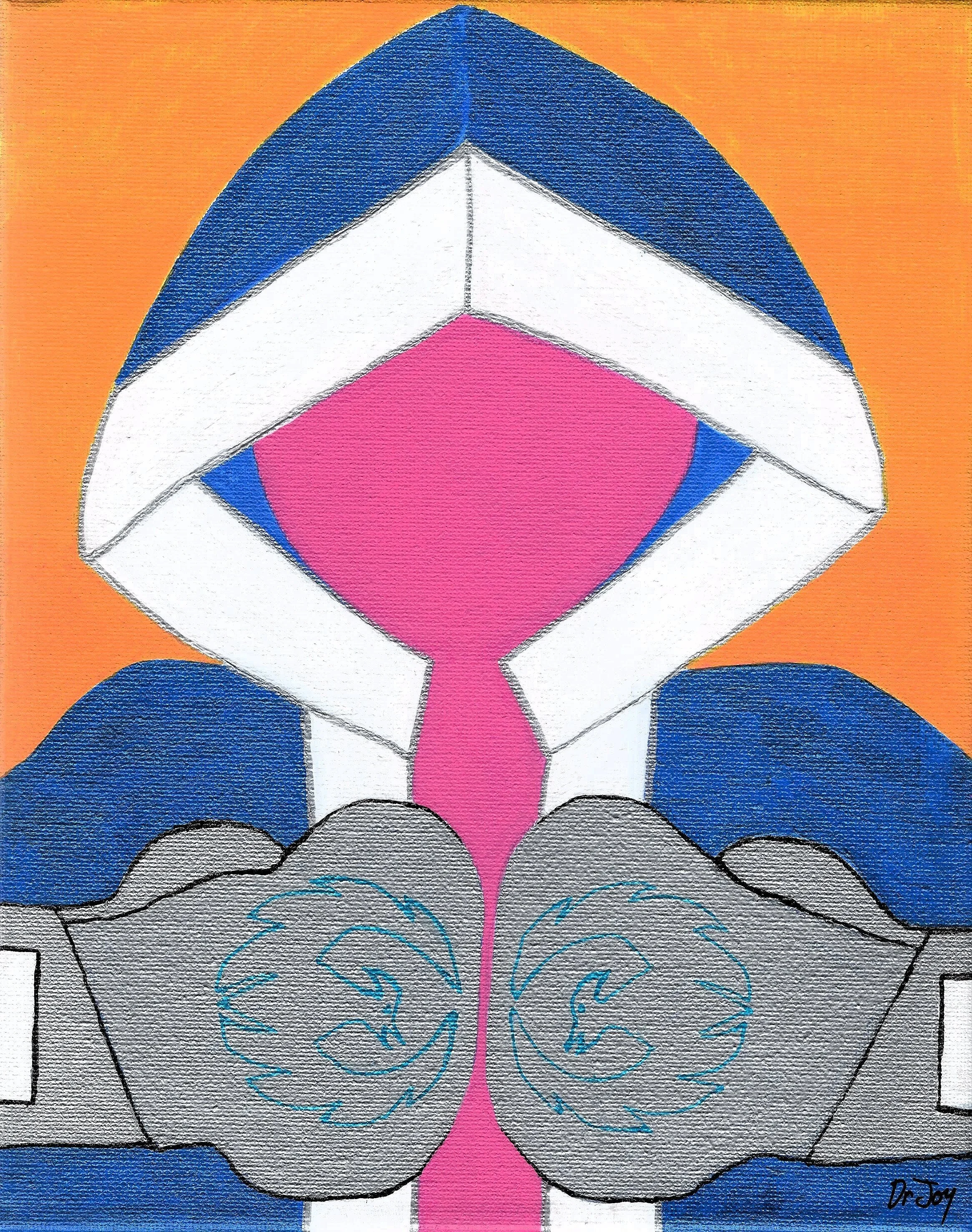 Doris the Clitoris shows women that it is alright to be tough and strong and that can bring you pleasure too. In this painting she is suited up for a boxing match. Women can fight for fun and enjoy contact sports