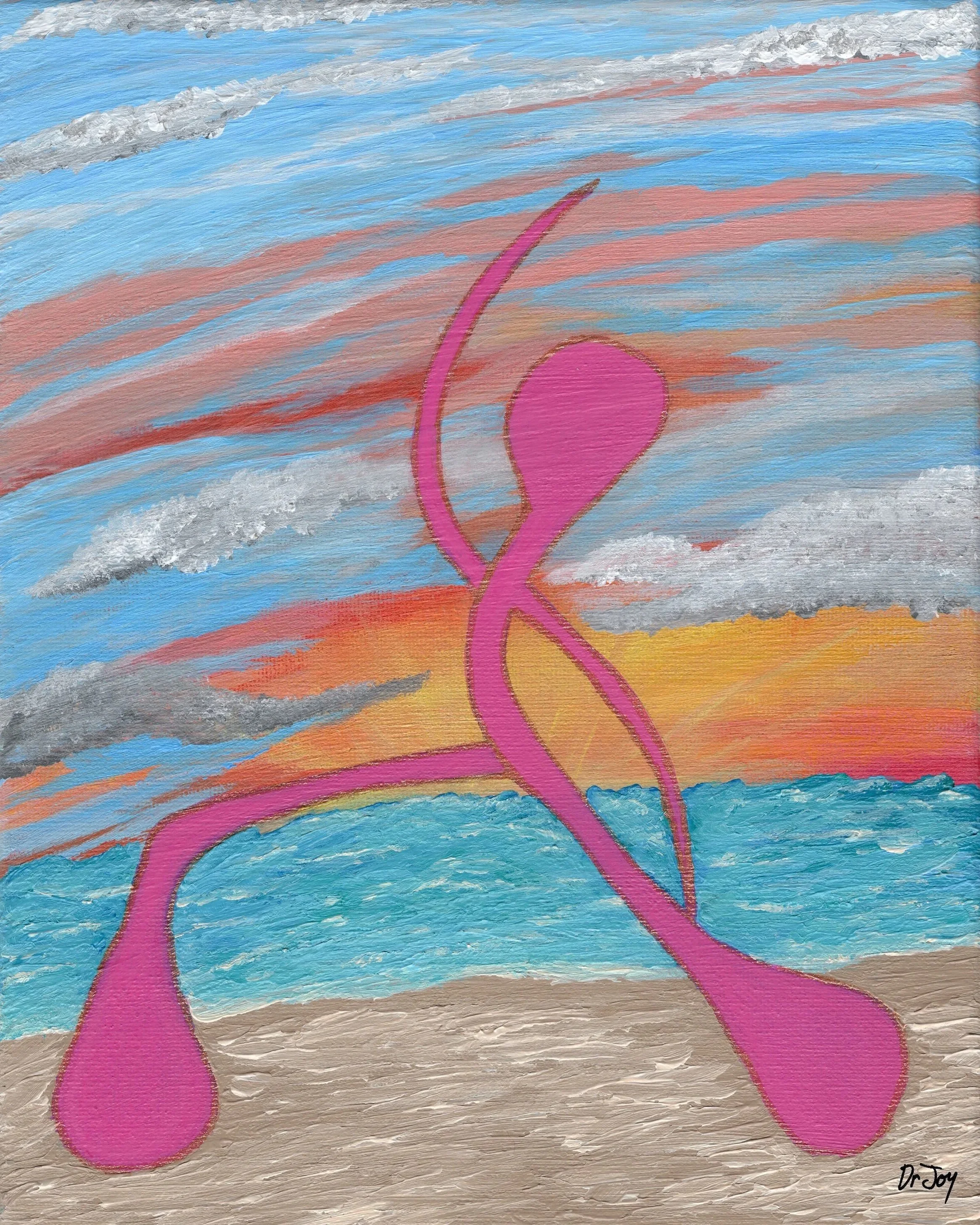 It is important for women to find peace, relax, and enjoy nature. Doris the Clitoris shows women that yoga and nature can bring pleasure to life. This painting shows Doris on a beach at sunrise doing yoga. This pose is peaceful warrior