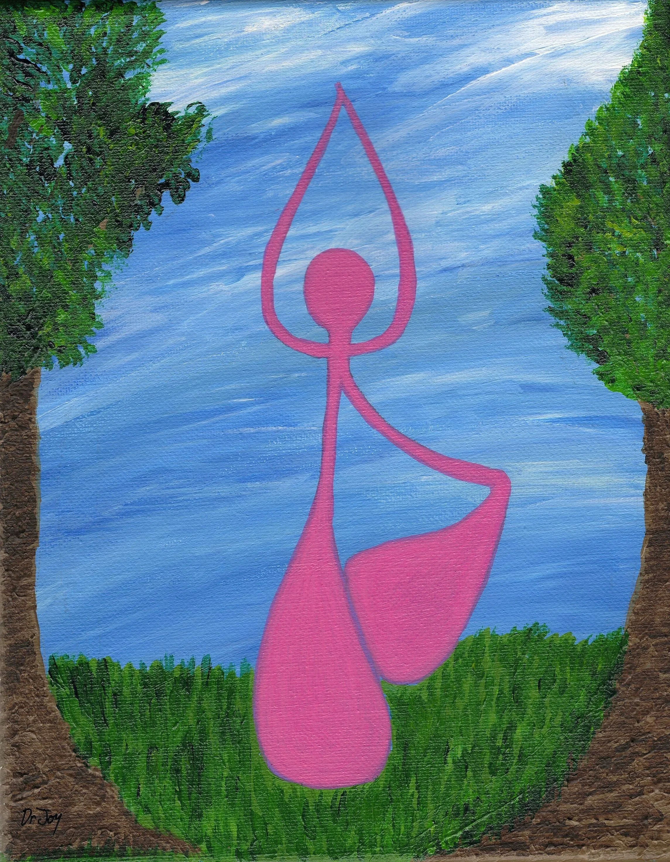 Doris the Clitoris helps women follow their pleasure. Yoga and nature are an important part of finding relaxation and pleasure in life. In this painting Doris is doing tree pose between two trees in a beautiful blue sky. Art, yoga, women