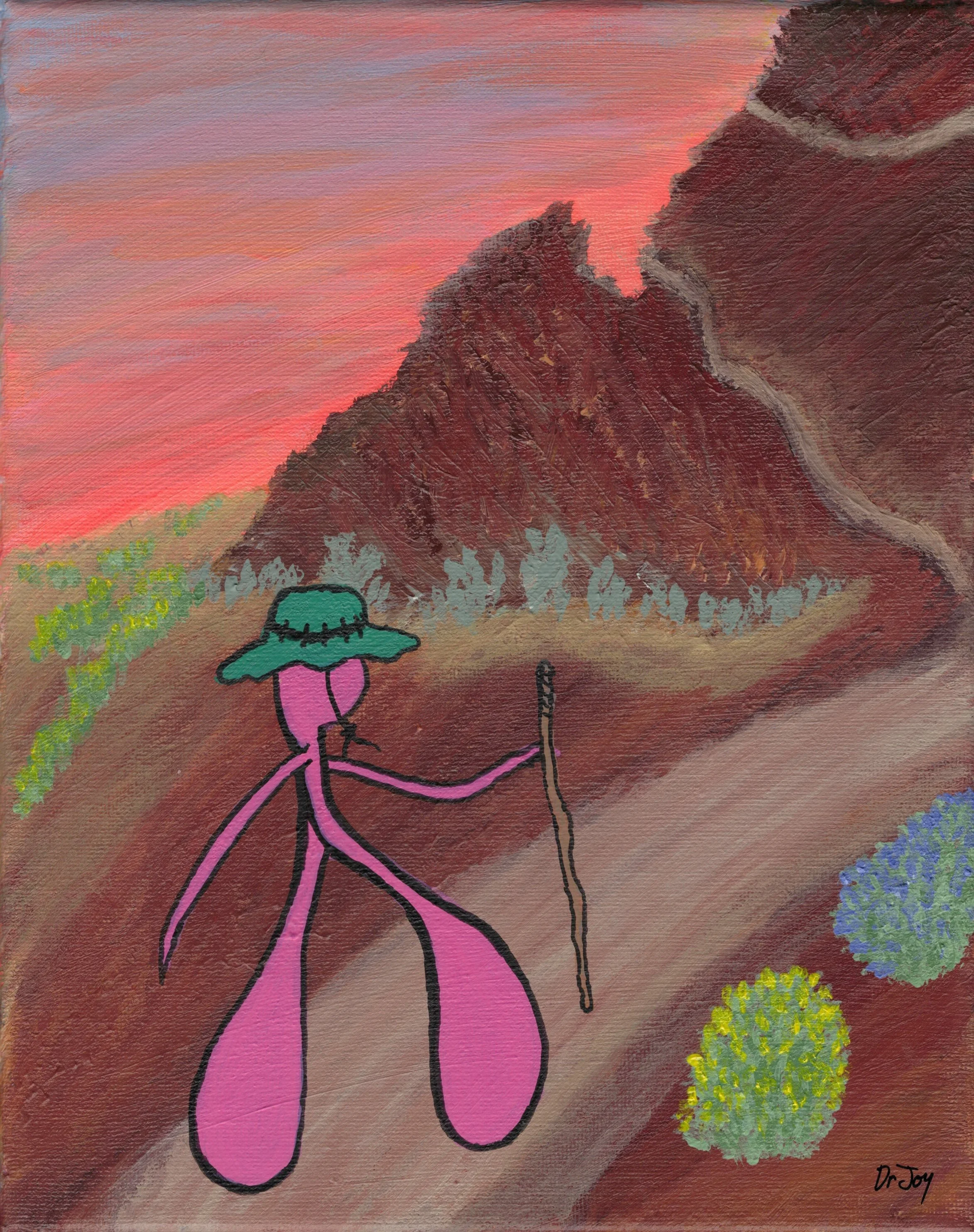 Doris the Clitoris follows her pleasure wherever it leads her. In this painting Doris is hiking a red rock trail with a walking stick amidst a beautiful sunset. The desert landscape is in bloom and the orange glow in the sky is peaceful and beautiful