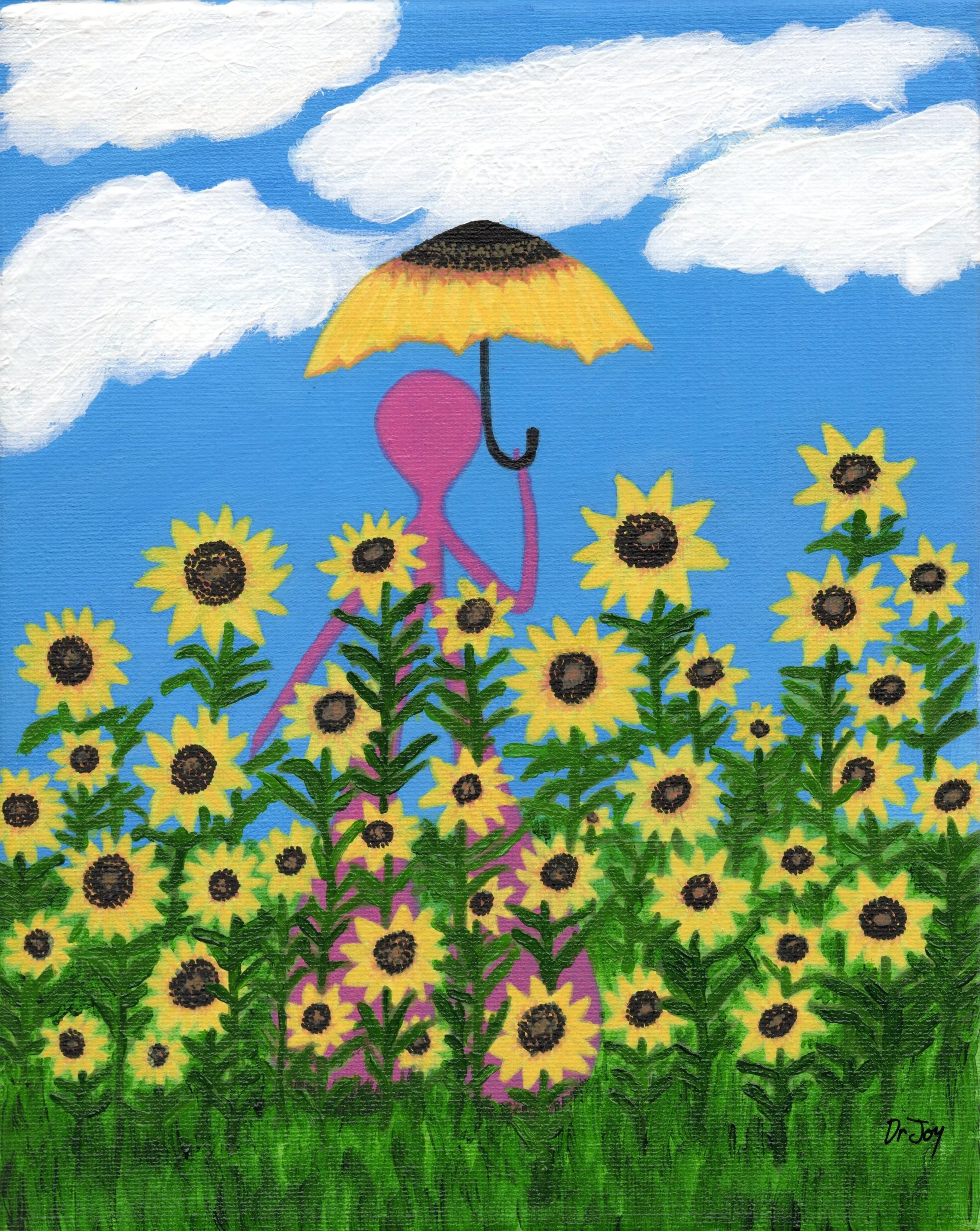 Enjoying nature is essential to enjoying life. Doris the Clitoris loves nature, she shows women how empowering it can be to spend time in it. This painting shows her in a field of sunflowers. She finds pleasure blending in with her sunflower umbrella