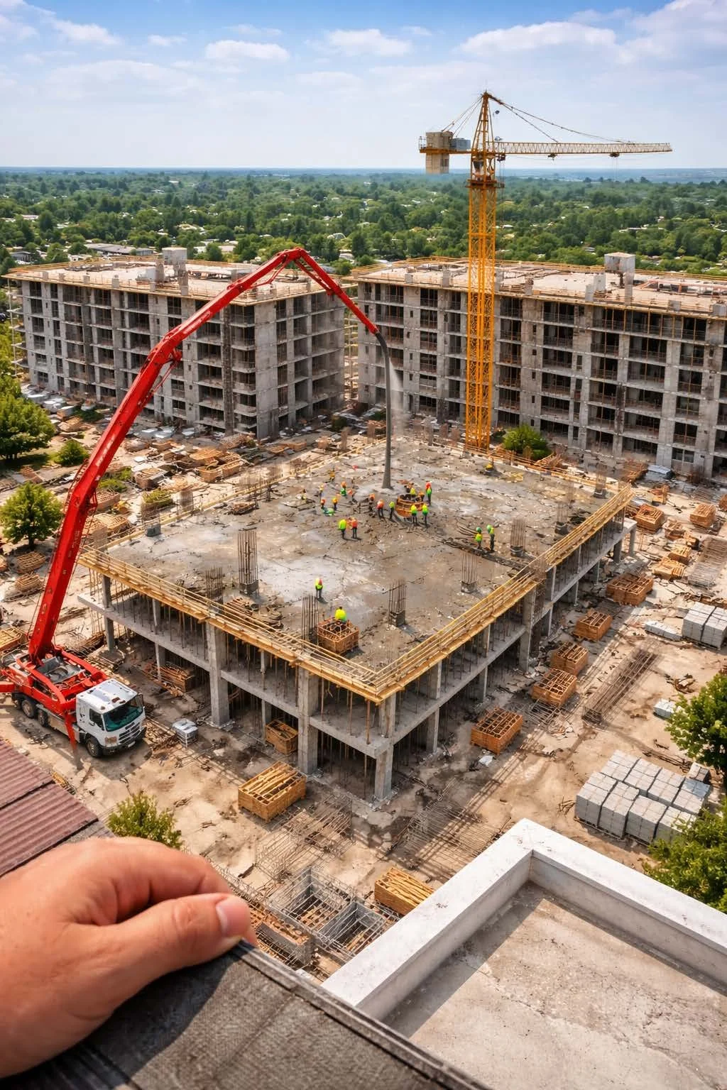 Construction workers on building site with cranes, pouring concrete, and ongoing building structure.