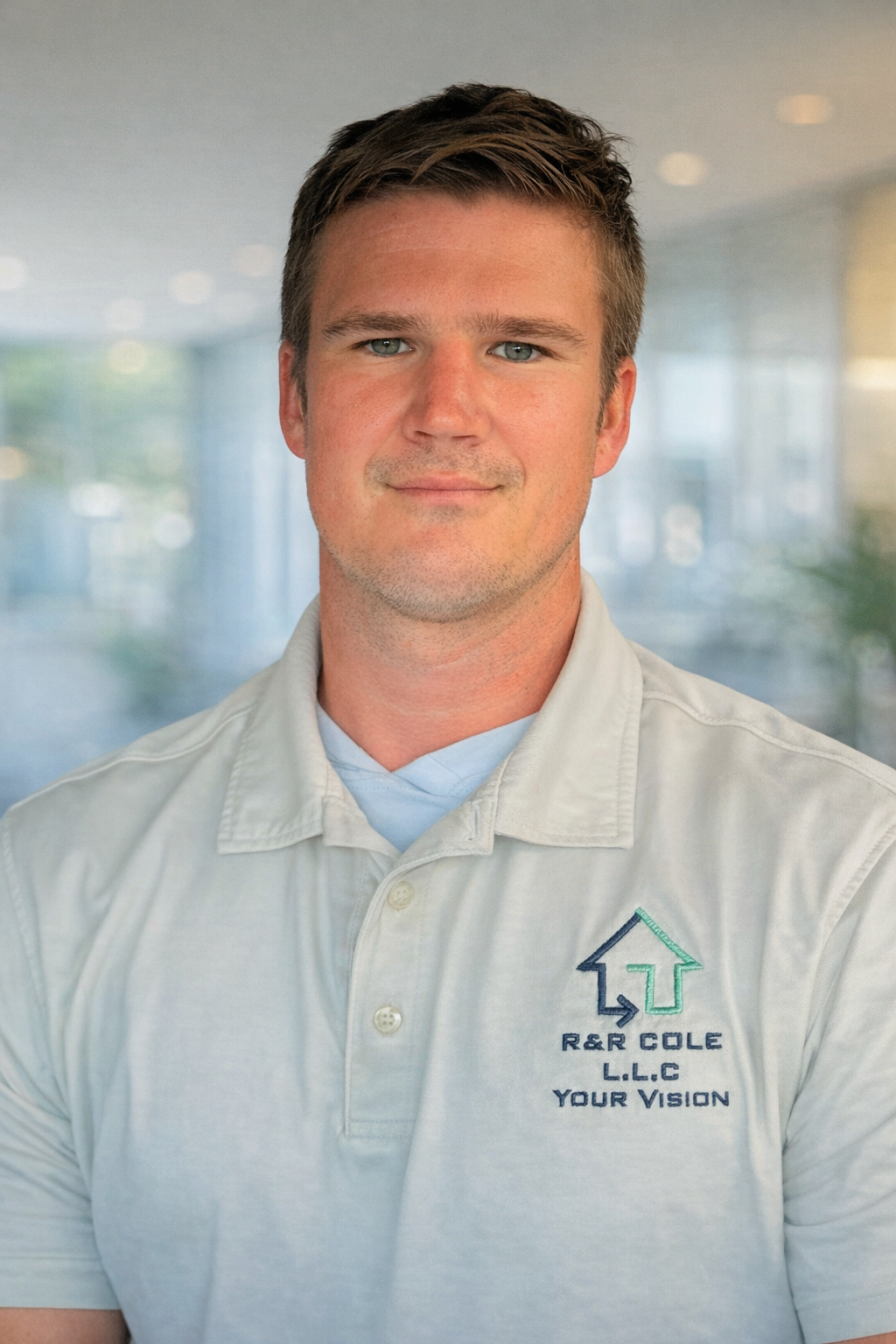 Portrait of a young man with short brown hair, blue eyes, and light skin, wearing a light-colored polo shirt with an embroidered logo on the chest that says "R&R Cole LLC Your Vision" and a house icon. The background is blurred, possibly in an office or medical facility.