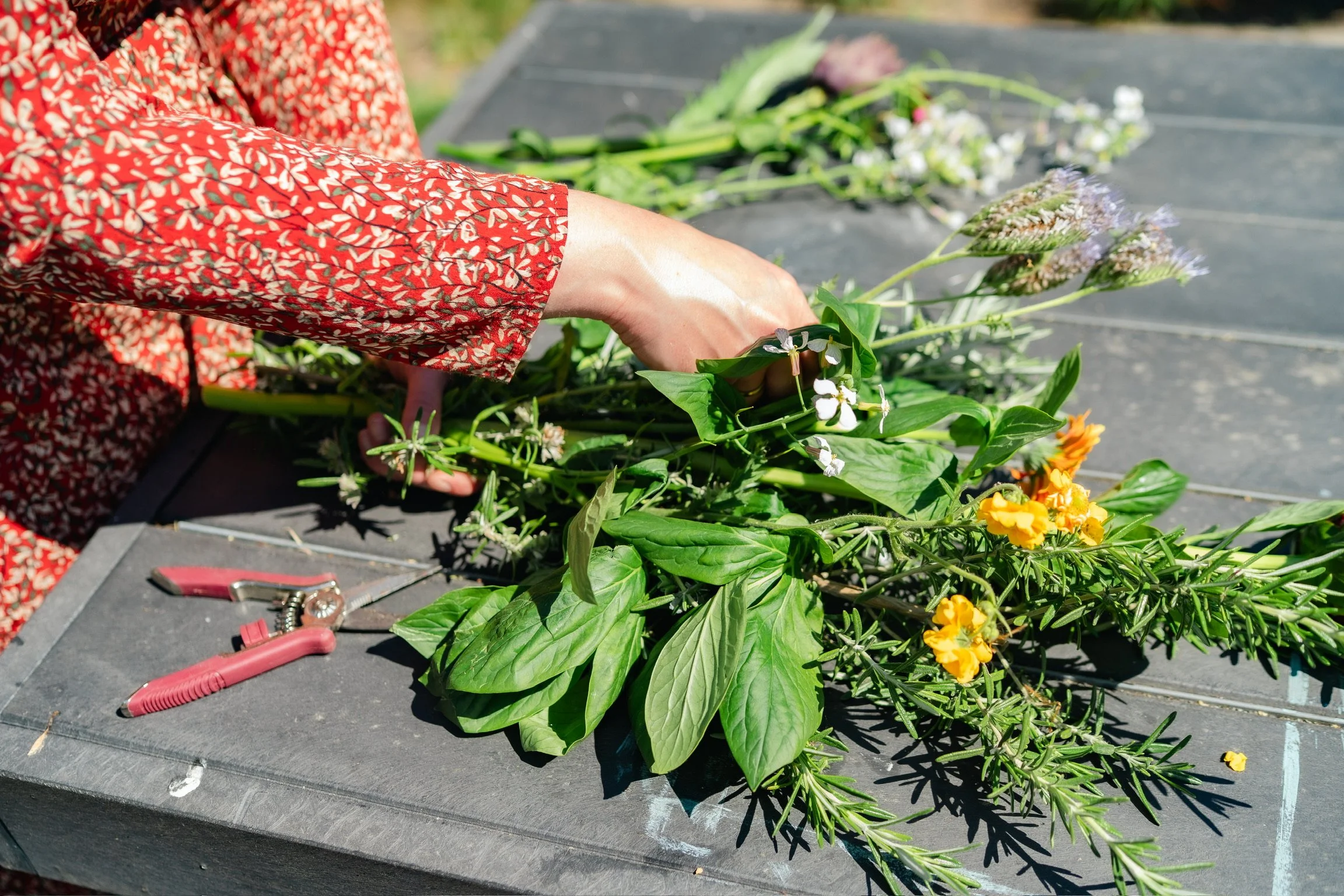 Person in a red patterned shirt arranging colorful flowers on a black surface outdoors.