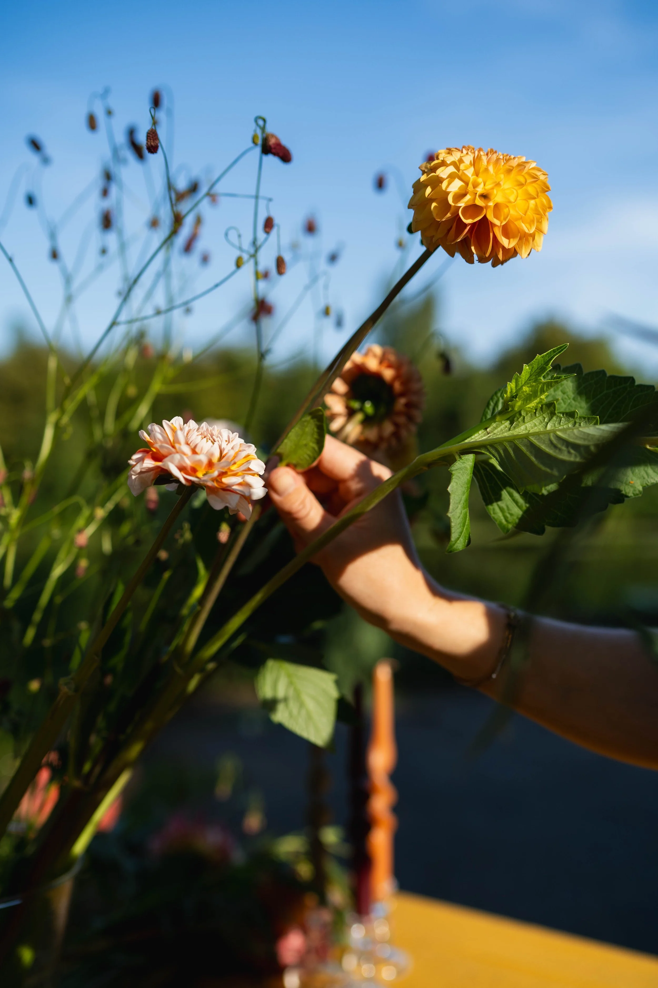Yellow dahlia detail from an autumn wedding bouquet, MK Floral Atelier