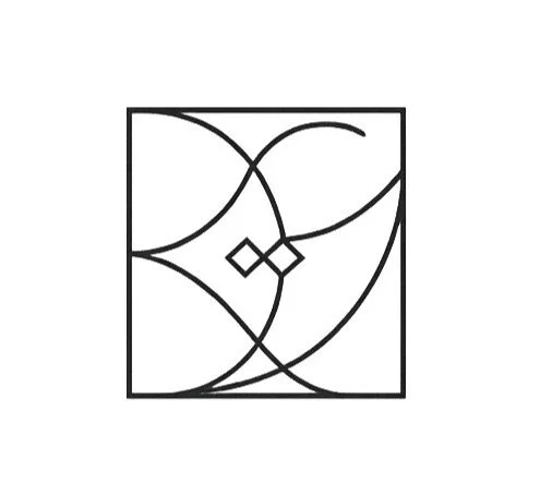 Geometric drawing of an outline square with sections divided by vertical, horizontal, and half circle lines.