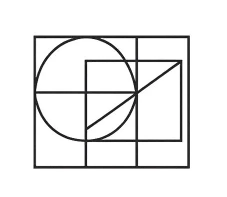 Geometric drawing of an outline square with sections divided by vertical, horizontal, and circle lines.