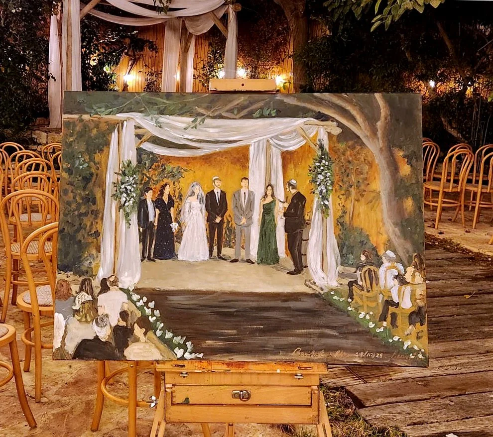 A painting of an outdoor wedding ceremony with a beautifully decorated Chuppah canopy, featuring a bride and groom with their wedding party, and guests seated in front of the stage.