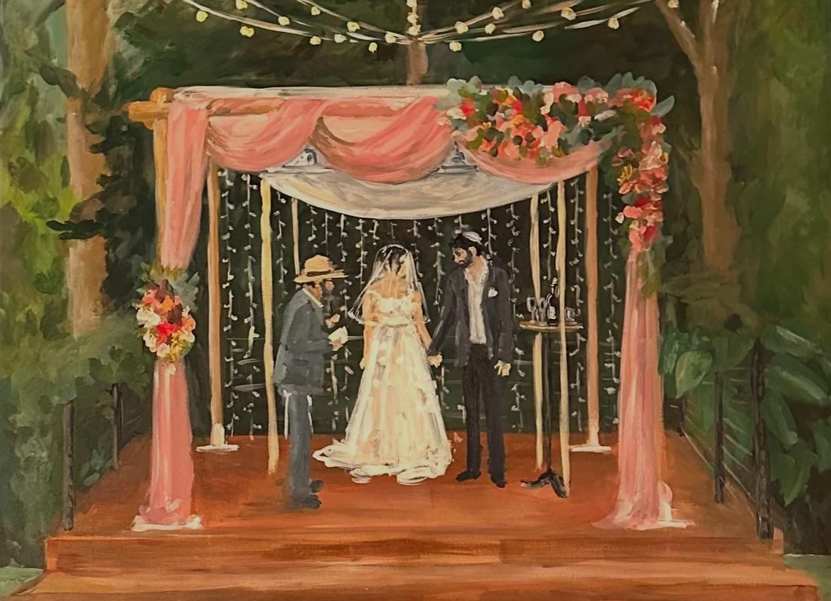 An acrylic painting of a wedding ceremony outdoors, decorated with pink curtains, string lights, and floral arrangements. A bride in a white gown and veil stands with a groom in a dark suit and tie, holding hands. A rabbi stands next to them.