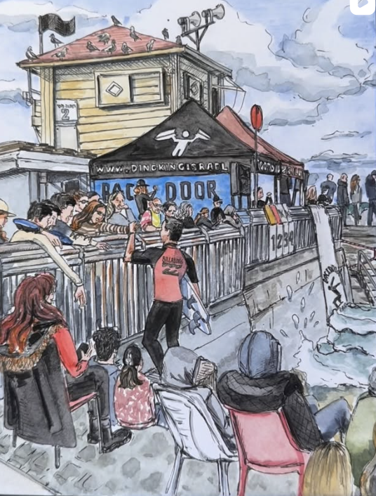 Colorful drawing of a waterfront scene showing a crowd of people watching a surfing contest, a performer at a small stage near the water, with a building in the background displaying a sign for 'Backdoor'.