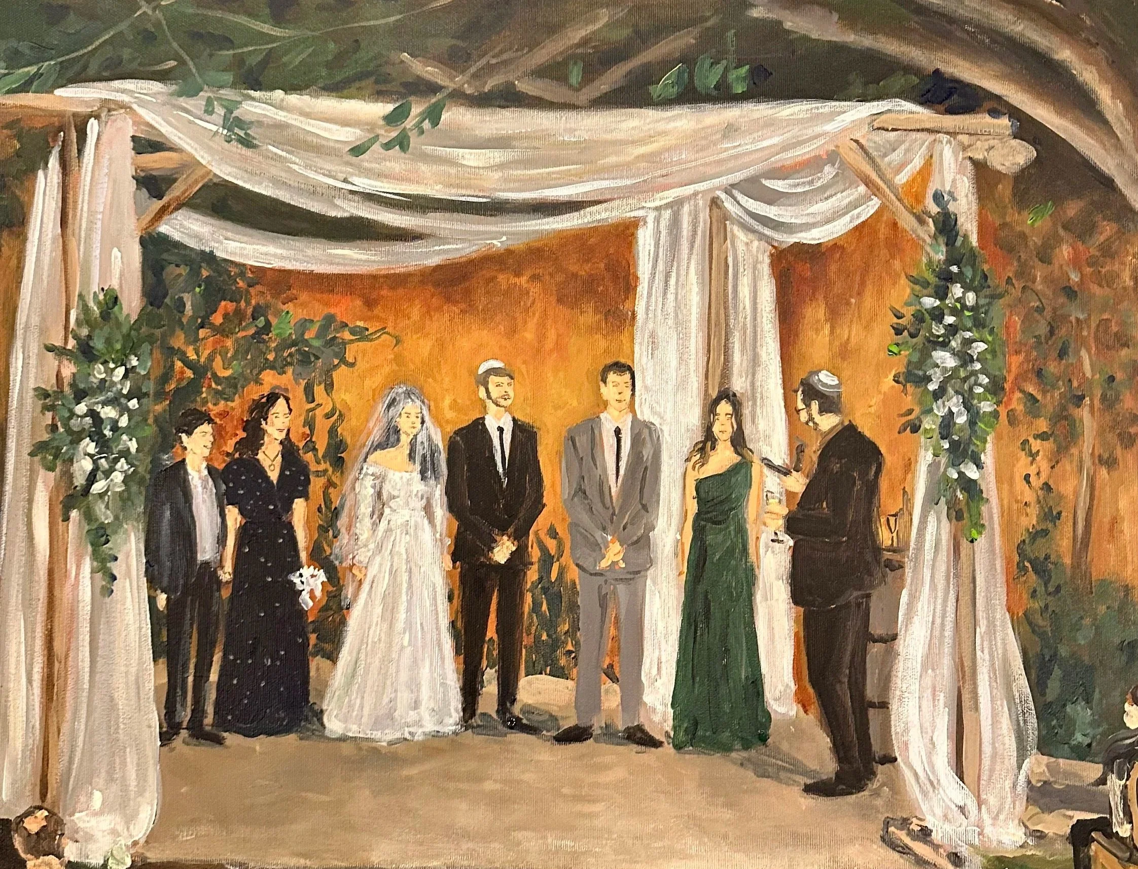 Painting of a wedding ceremony with a bride, groom, and rabbi under a decorated wooden Chuppah with greenery and white drapery, set against an orange background.