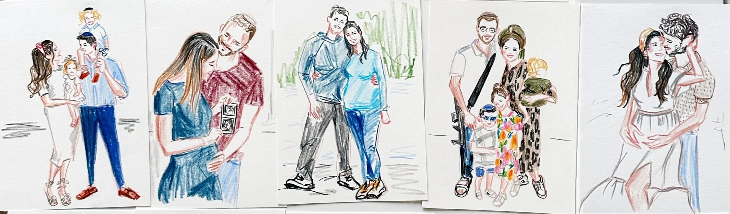 A series of hand-drawn illustrations of various couples and family groups, showcasing different moments of affection and togetherness.