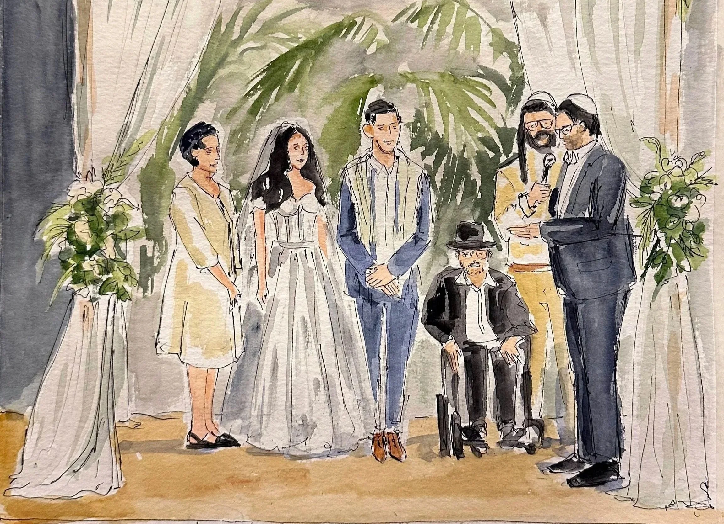 Watercolor illustration of a wedding ceremony with a bride, groom, officiant, and guests under a floral arch.