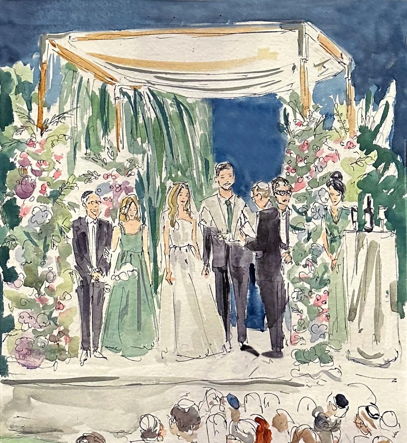 Watercolor painting of a wedding ceremony with bride and groom standing under a floral arch, surrounded by guests.