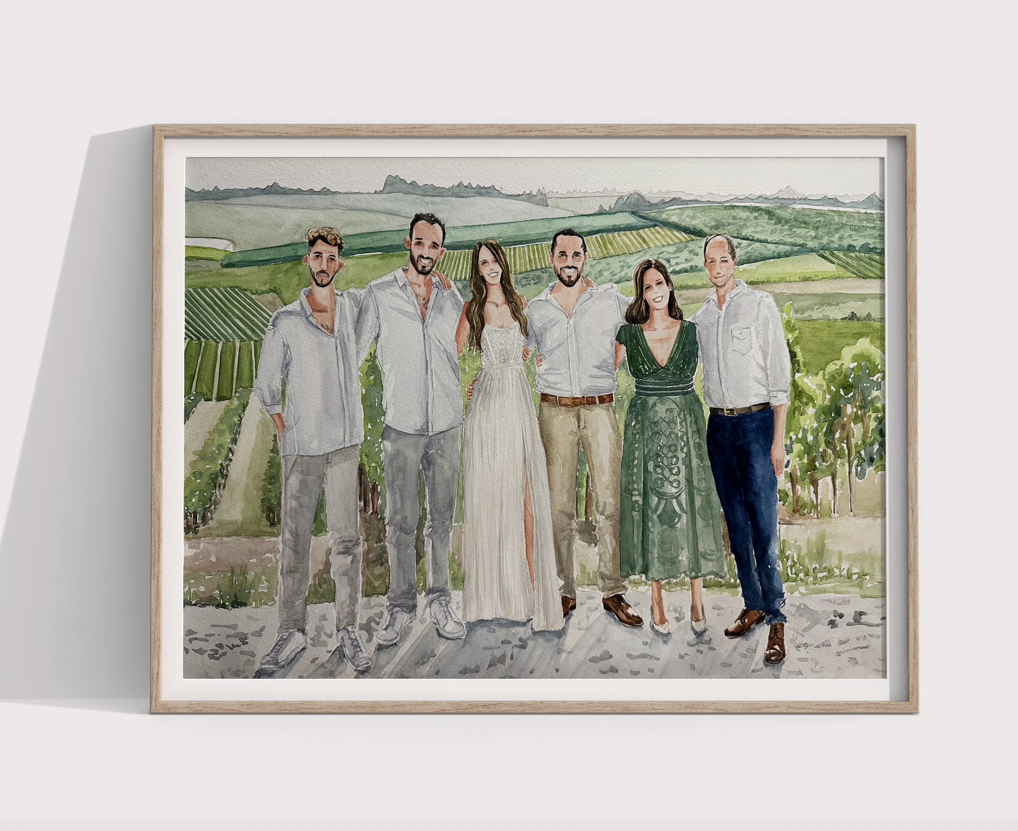 A watercolor painting of six people standing outdoors in a vineyard landscape, with rolling hills and vineyards in the background, all dressed in casual or semi-formal clothing.