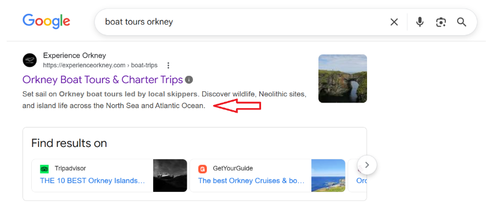 screenshot of a google search for "Boat Tours Orkney" with an arrow highlighting the meta description
