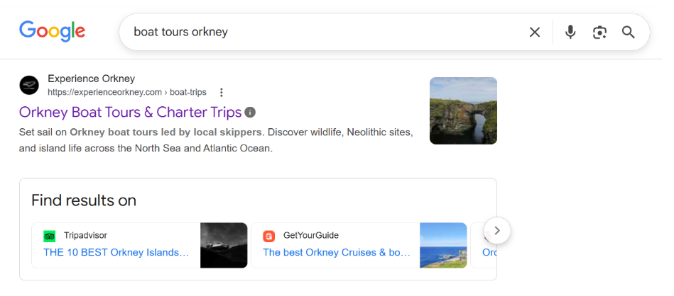 screenshot of google, searching for "Orkney Boat Tours