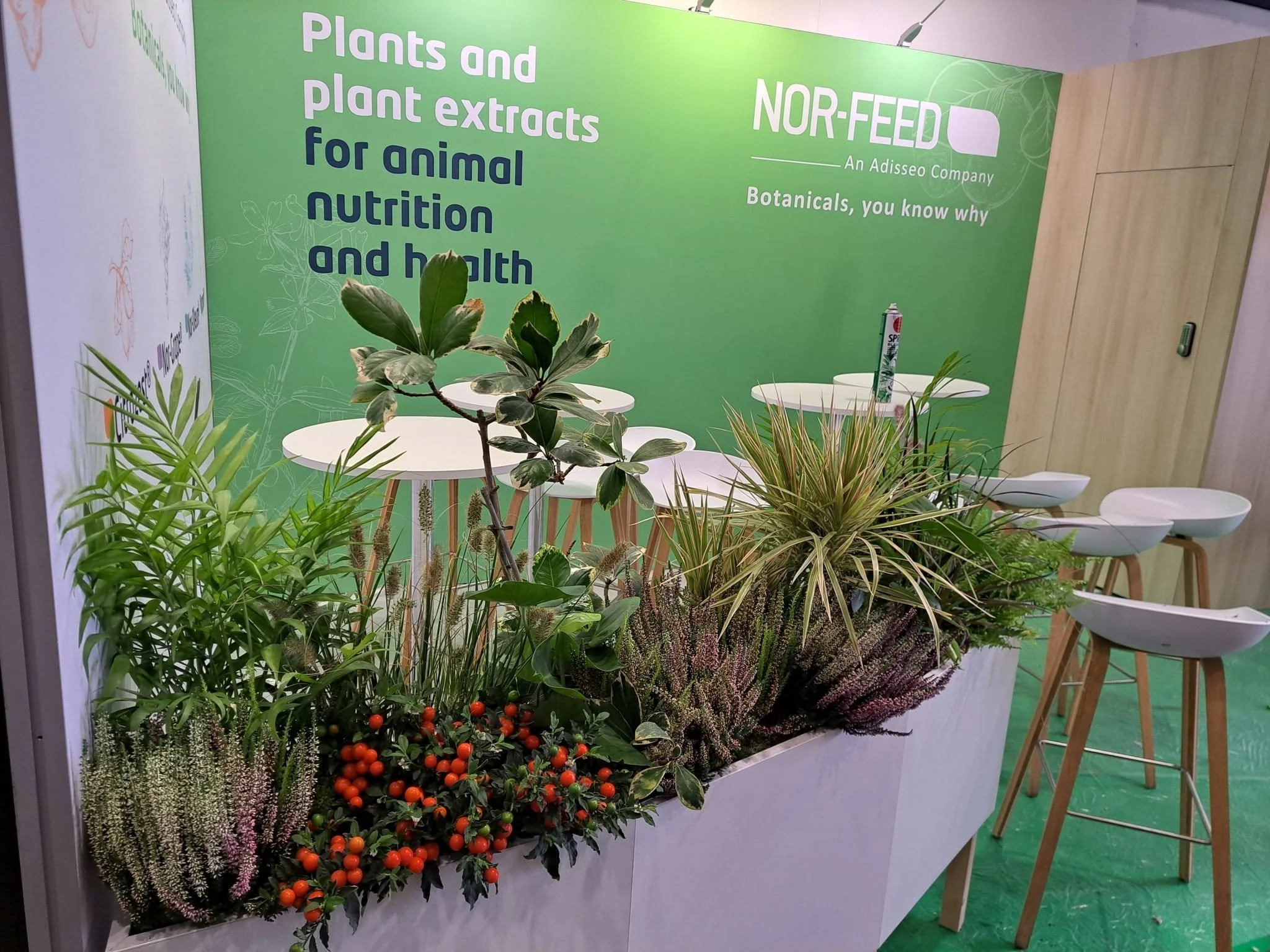 Une grande zone d'exposition avec un mur vert présentant le texte en anglais sur la nutrition animale et des plantes et extraits de plantes. Il y a plusieurs pots de plantes en premier plan et quelques chaises en bois dans la scène.