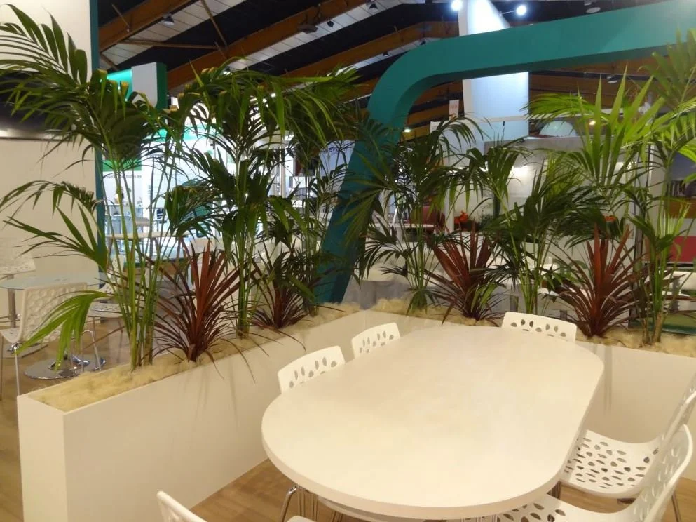 Espace de détente avec un grand plan de travail blanc, entouré de chaises blanches, entouré de plantes vertes et rouges dans une serre ou un espace intérieur moderne.