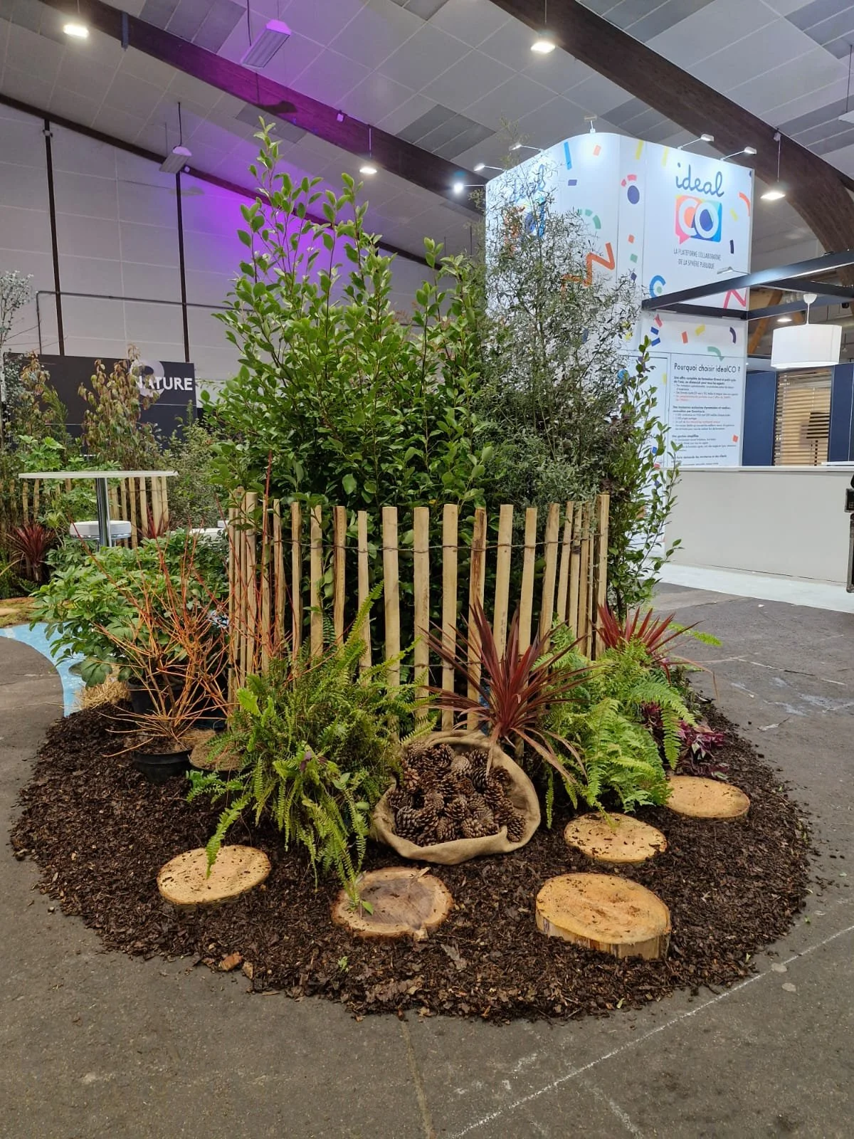Un aménagement paysager avec un lit de plantes entouré d'une clôture en bois. Des plantes vertes, des fougères, et des plantes rouges sont visibles, avec des morceaux de bois en rondins sur le sol autour. En arrière-plan, une structure avec un panneau publicitaire et un espace intérieur d'exposition.