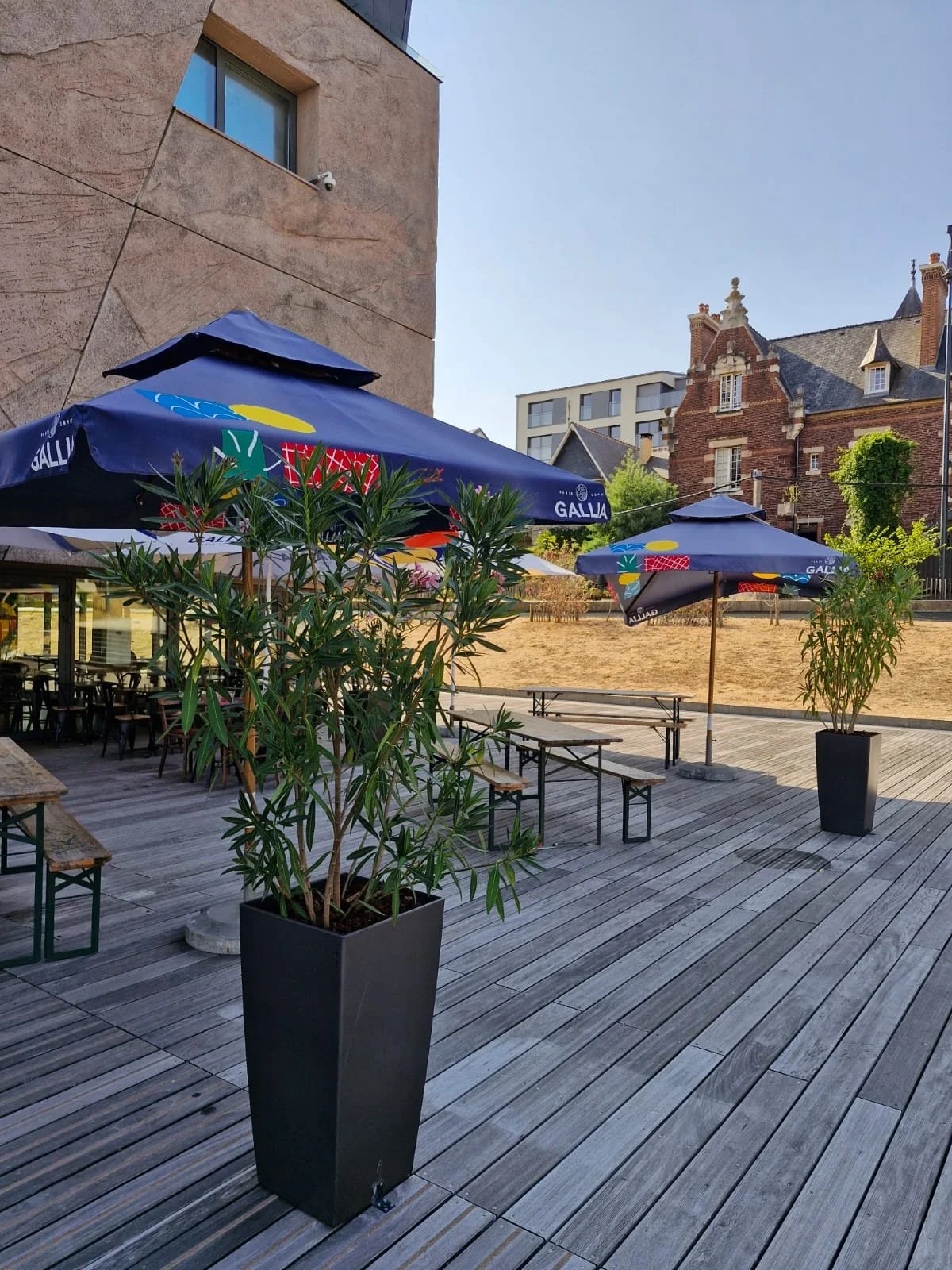 Terrasse avec parasols bleus et tables en bois, arbres en pot, bâtiment en pierre et appartements modernes en arrière-plan, ciel clair.