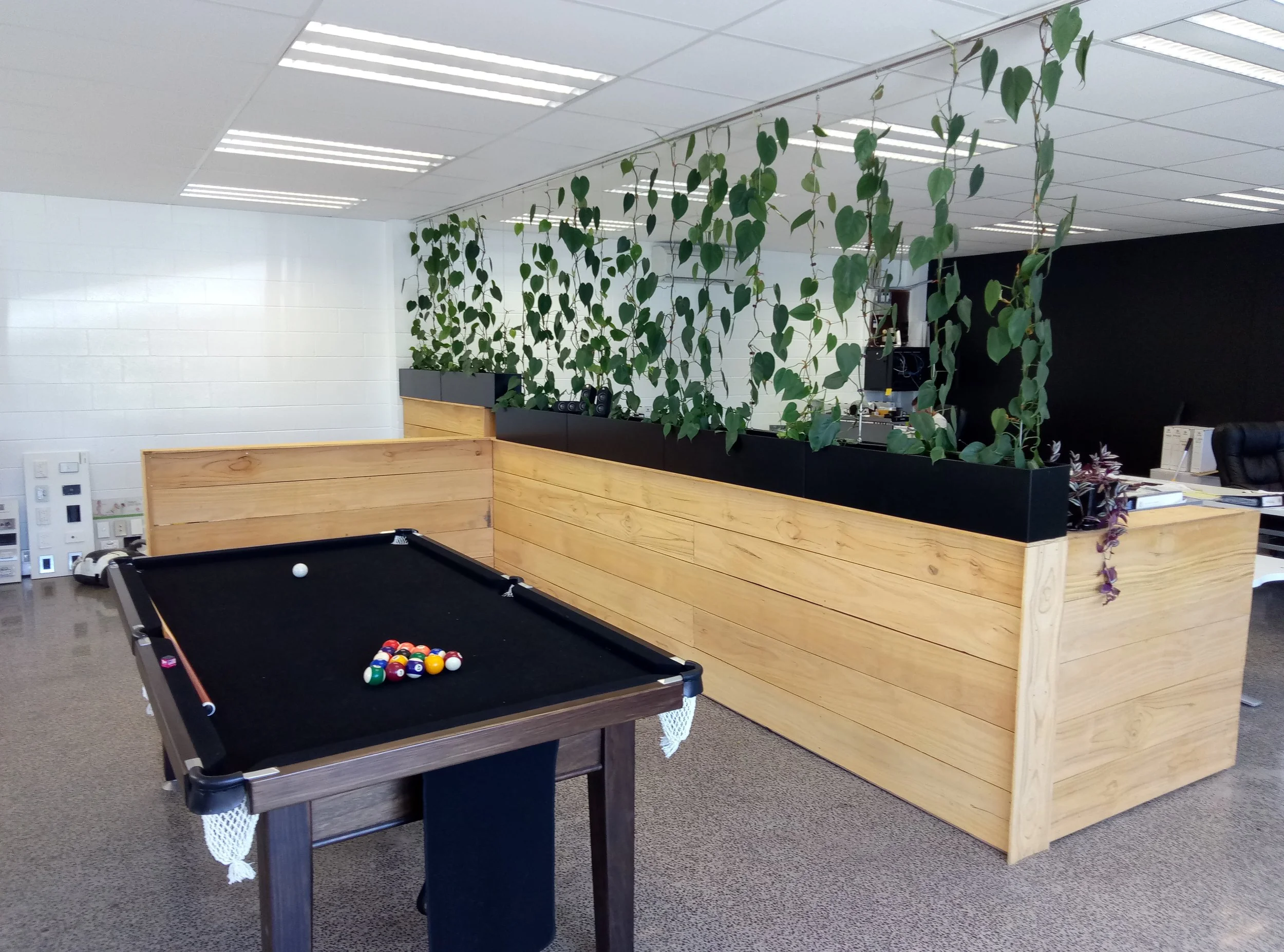 Un espace de bureau avec une barrière en bois, une plante suspendue, une table de billard avec des billes, et un bureau avec une chaise