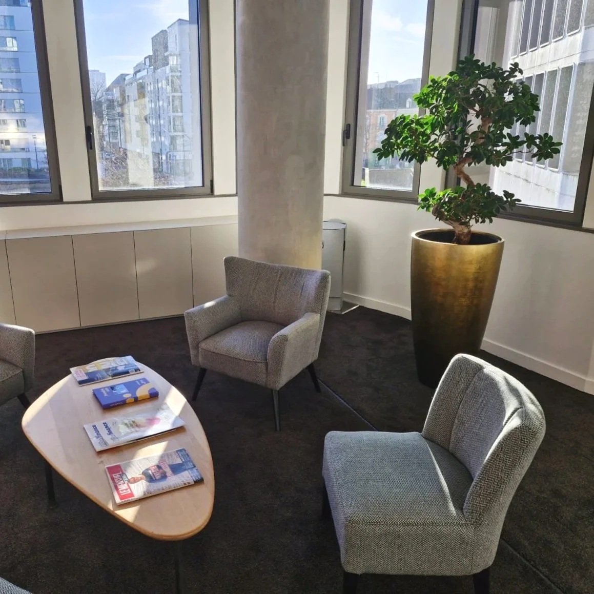 Une salle de réunion avec trois fauteuils élégants autour d'une table en bois clair, des magazines disposés dessus, et un grand pot de fleurs avec plante verte près des fenêtres