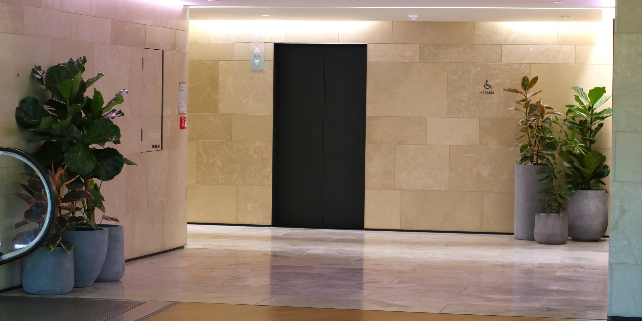 Ascenseur avec des plantes en pot à gauche et à droite, mur en pierre beige, symbole pour personnes en fauteuil roulant et toilettes signalés à droite.