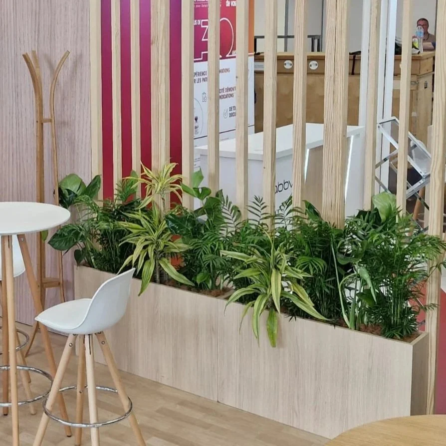 Espace intérieur avec un plan de travail en bois derrière une cloison en bois clair, entourée de plantes vertes dans un grand bac en bois et de mobilier moderne en blanc et bois