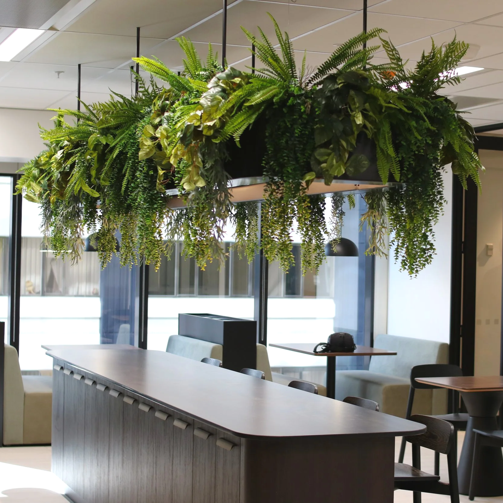 Un intérieur moderne avec un grand plafond suspendu, des plantes vertes suspendues au plafond, des tables en bois et des chaises en tissu, un canapé beige avec un téléphone posé dessus, et de grandes fenêtres laissant passer la lumière.