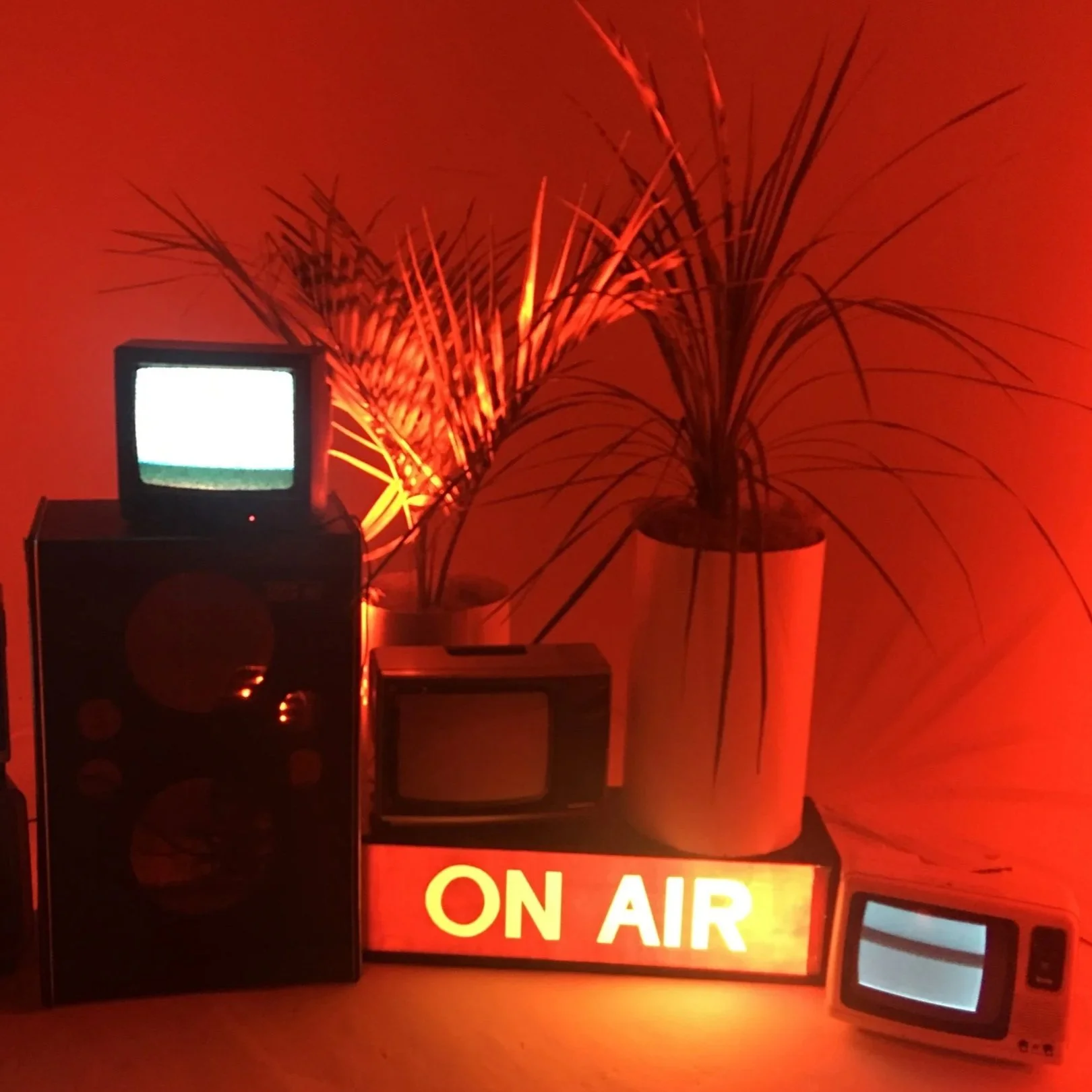 Une plante d'intérieur en pot à côté d'un panneau lumineux rougeoyant avec l'inscription "ON AIR" en lettres rouges et blanches. Deux petits écrans ou appareils électroniques sont placés devant la plante. L'ensemble est éclairé par un éclairage rouge, créant une ambiance chaleureuse et rétro.