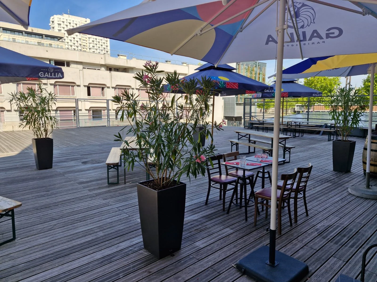 Terrasse d'un restaurant avec des parasols, des tables, des chaises, et des plantes en pots, en plein air dans une ville, par beau temps.