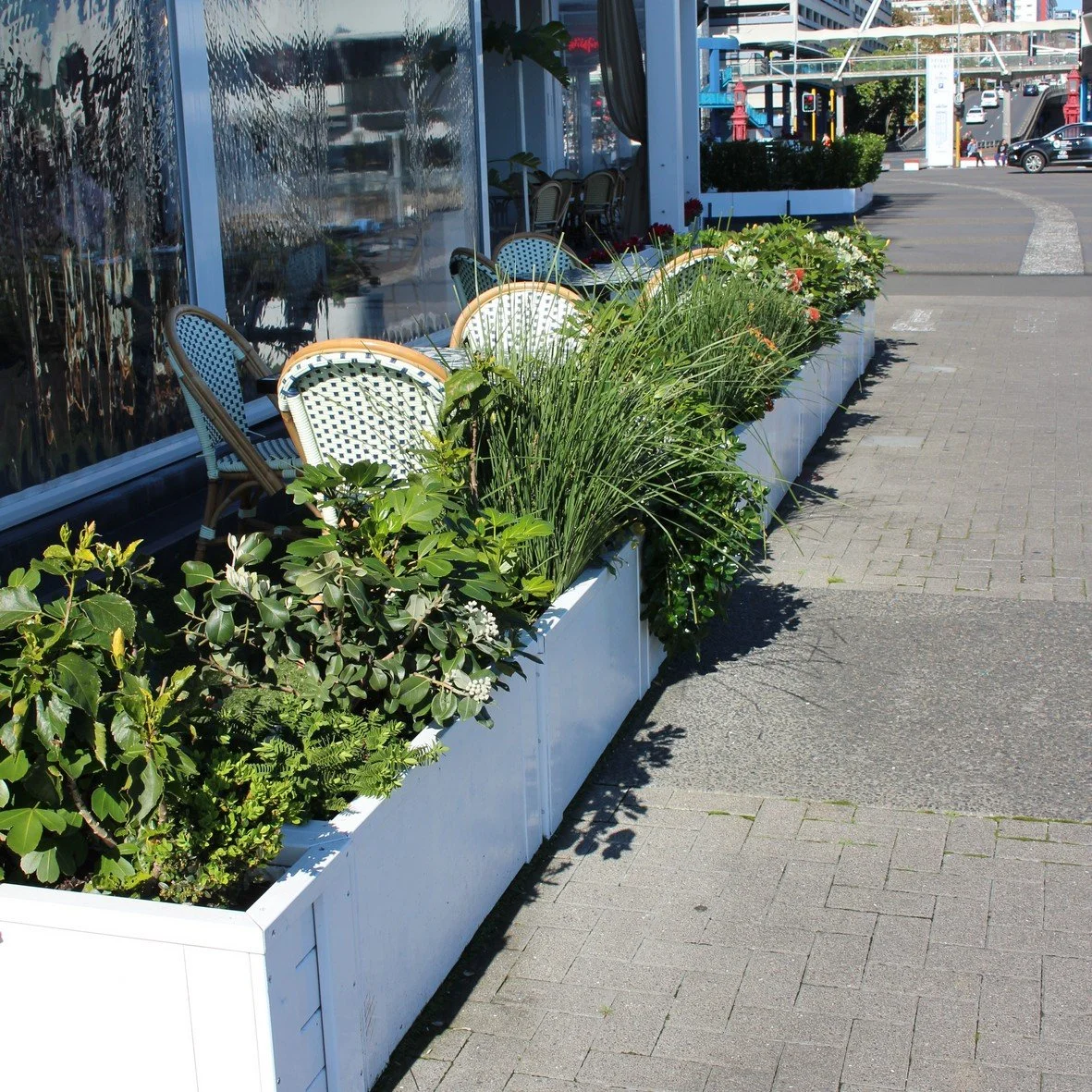 Terrasse extérieure avec des chaises en rotin et planters avec des plantes vertes et des fleurs, en centre-ville