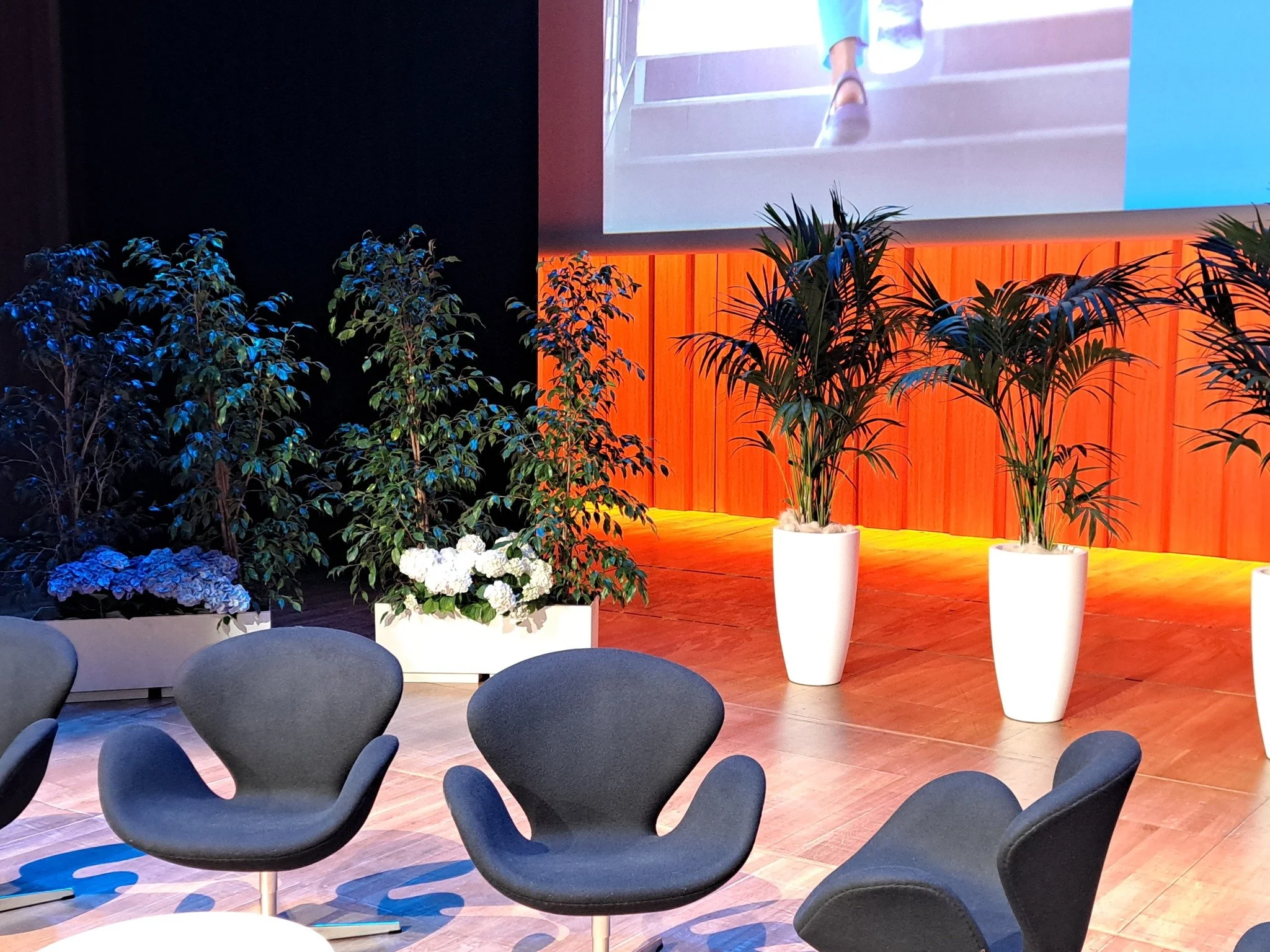 Salle avec des plantes en pot blanc, un mur en bois derrière une scène, et des chaises noires rondes dans un espace d'événement ou de conférence.