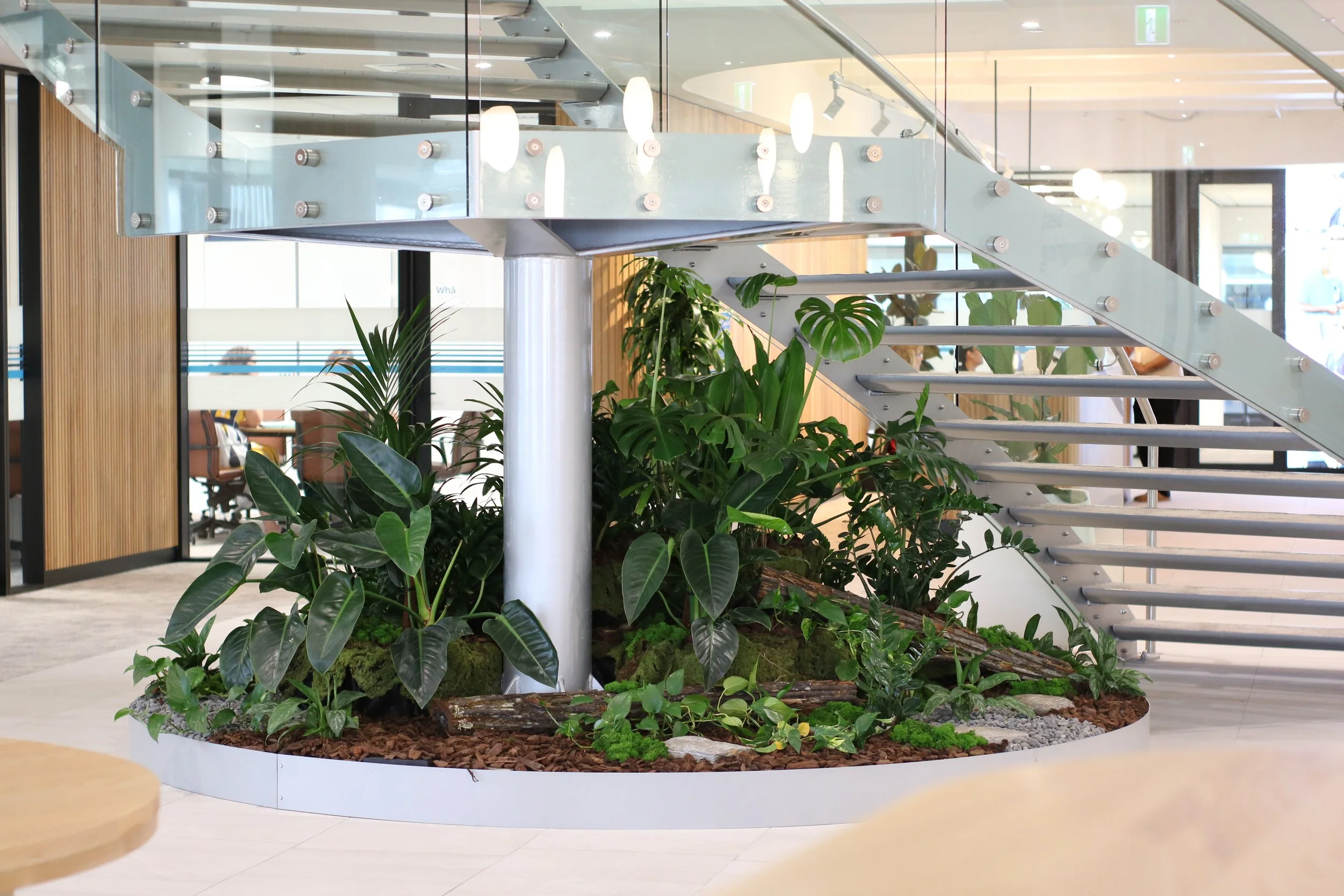 Escalier en métal dans un espace intérieur avec des plantes vertes en dessous.