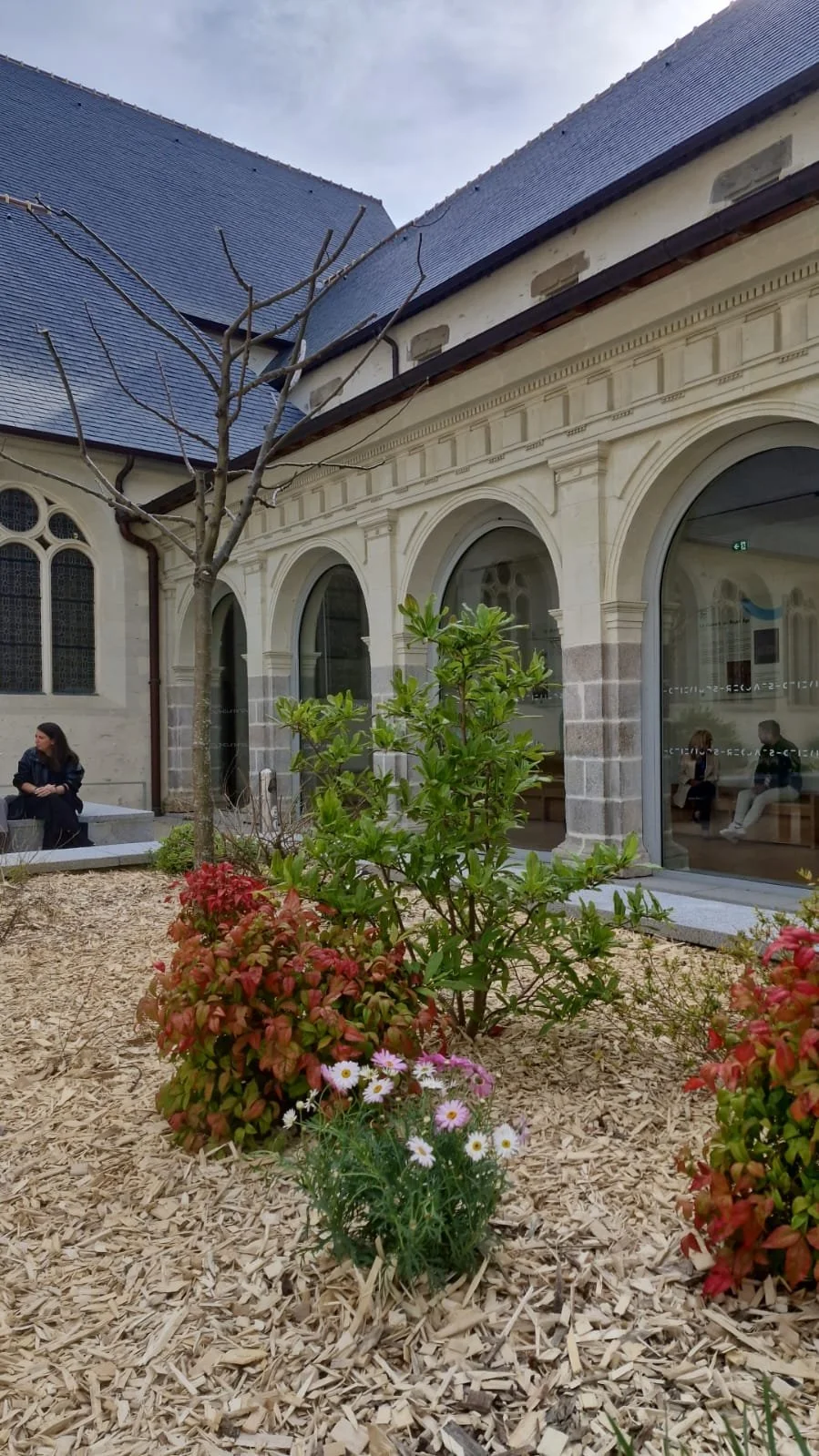 Une cour intérieure with des plantes, un arbre sans feuilles, et un bâtiment avec de grandes fenêtres en verre et un toit en pente recouvert de tuiles.